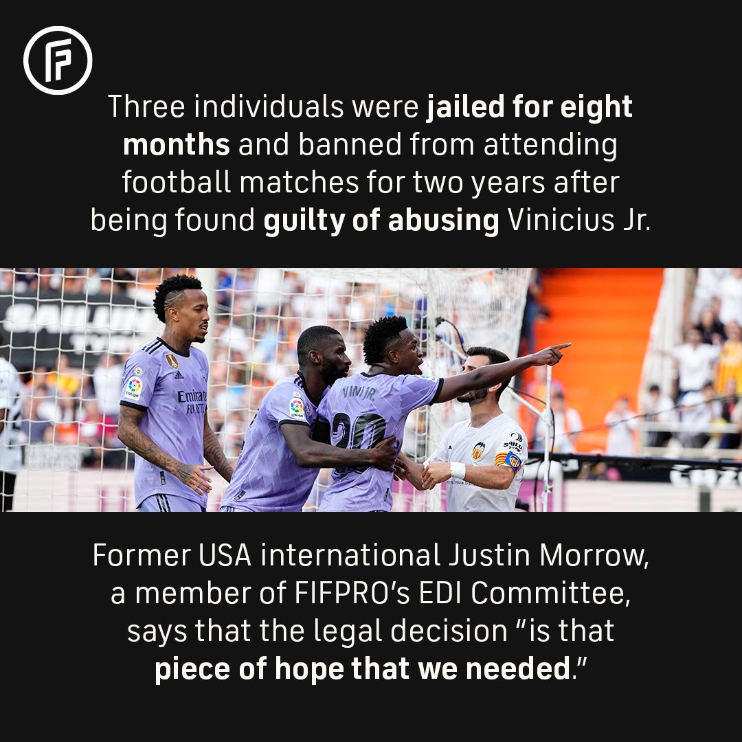FIFPRO's tweet photo. 🗣️ “It's the missing piece of the puzzle in the fight against racism.”

Former @USMNT defender @JustMorrow, a #FIFPRO EDI Committee member and @BPCMLS co-founder, explains why Vinicius Jr’s abusers being sentenced to prison is a historic milestone for players.

@ViniJr ✊