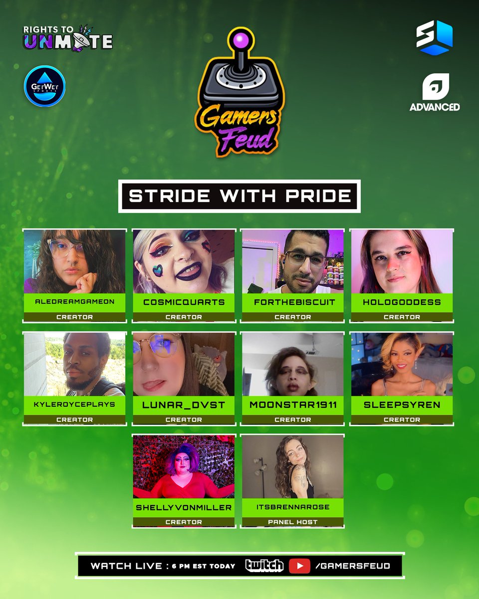 The spirit of pride is in the air 🌈

In celebration of Pride Month, we will be speaking with 10 creators about their experience as creators and allow them to share their stories and give advice.

Live Today at 6 PM EST
🟪twitch.tv/GamersFeud
🟥youtube.com/@gamersfeud