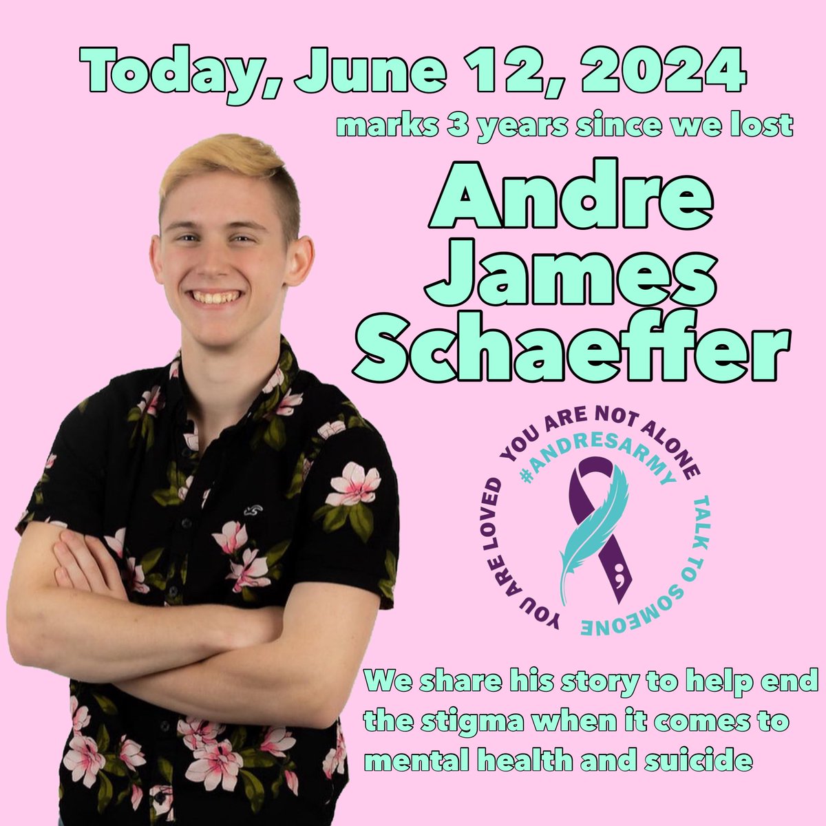 AndresArmyUSA's tweet photo. Today June 12, 2024 marks 3 years since Andre James Schaeffer passed away.
On June 12, 2021 at 1:55PM Andre passed away from depression at Boston Children’s Hospital.
Please reach out to all of your friends, even the ones who may seem happy.
And never forget, it’s #AllForAndre https://t.co/fQRfLpn37i