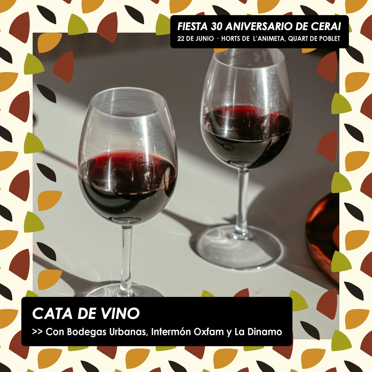 😋 Vente a la celebración del 30 aniversario de CERAI y disfruta de dos irresistibles degustaciones:

🍷Cata de vino con <a href="/OxfamIntermon/">Oxfam Intermón</a>, #BodegasUrbanas y <a href="/ladnm_formacion/">La Dinamo ASC</a>

🍅Cata de tomate y verduras de #HortaCuina

ℹ️ Programa: cerai.org/evento/unete-a…

#SuperamosLaCrisisDeLos30