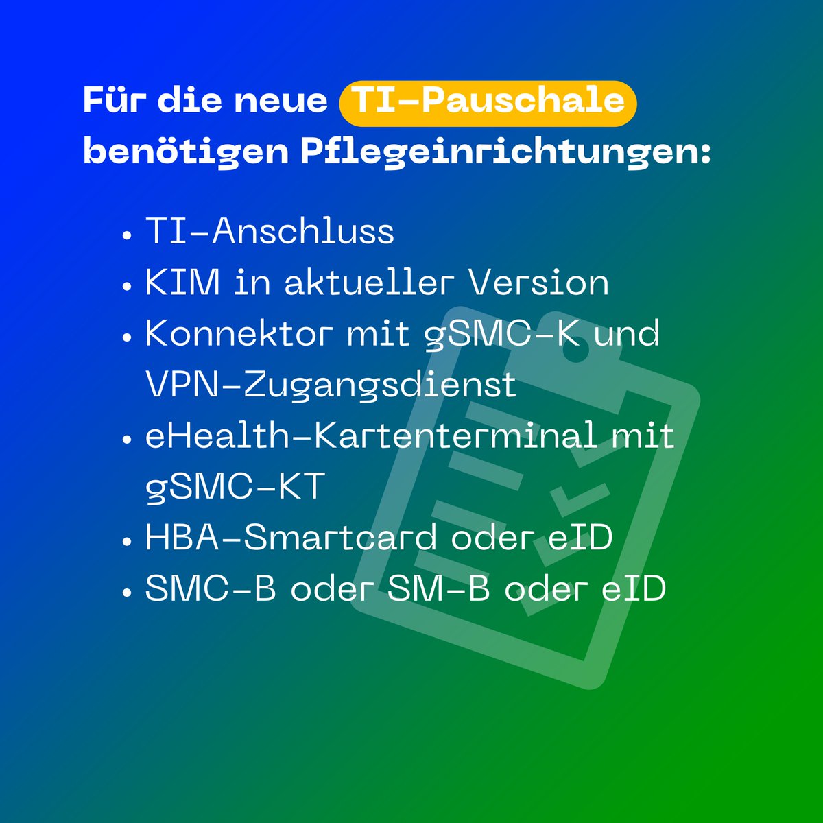 ℹ️ Wissenswertes für #PVS-Anbieter!

Seit kurzem erhalten #Pflegeeinrichtung und -dienste eine #TIPauschale für die Ausstattung und den Betrieb der TI. Wir unterstützen PVS-Anbieter bei der Umsetzung der TI-Anforderungen für Ihre Kund:innen – vom #TIAnschluss bis hin zu #KIM! 🤝