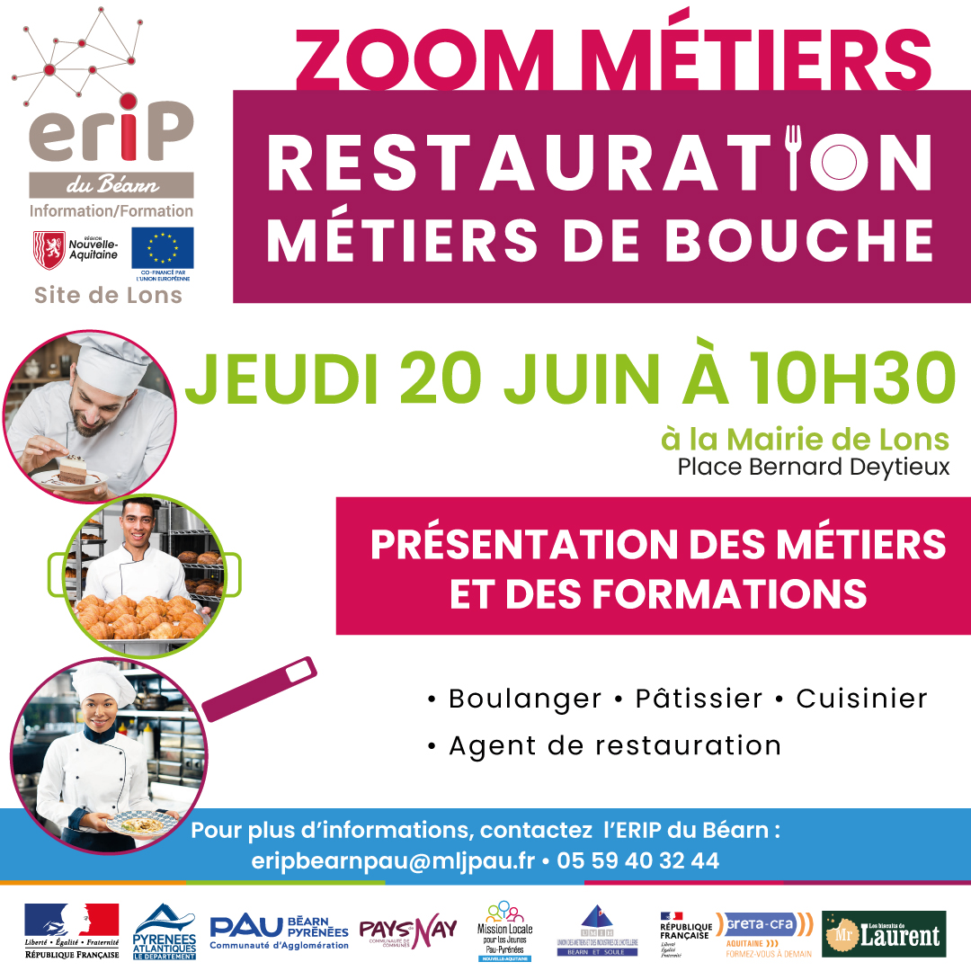 L’ERIP du Béarn de Lons organise un Zoom Métiers Restauration / Métiers de Bouche.
📅 jeudi 20 juin, dès 10h30
📍Mairie de Lons, place Bernard Deytieux
🎯Présentation des métiers et des formations (Boulanger, Pâtissier, Cuisinier, Agent de restauration)
👉mljpau.fr/evenement/zoom…