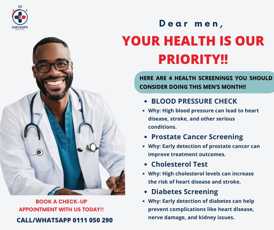 Celebrate the men in your life by encouraging them to prioritize their health! 🩺💪 Schedule a health check-up today and make wellness a priority. Call 0111 050 290 to book an appointment. 

#MensHealth #HealthCheck #StayHealthy #PreventiveCare #CheckUpsMedical