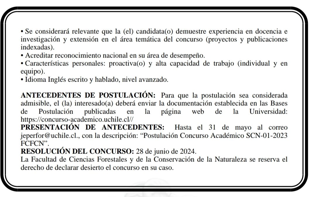Alvaro Promis (@alvaropromis) on Twitter photo Call for a full-time Academic Position in Forest Climatology.
Department of Silviculture and Nature Conservation, <a href="/IForestalUChile/">Facultad de Ciencias Forestales UChile</a> <a href="/uchile/">Universidad de Chile</a>, Santiago de Chile.
Application due date: June 18, 2024
Requeriments in:
forestal.uchile.cl/noticias/21665… Call for a full-time Academic Position in Forest Climatology.
Department of Silviculture and Nature Conservation, <a href="/IForestalUChile/">Facultad de Ciencias Forestales UChile</a> <a href="/uchile/">Universidad de Chile</a>, Santiago de Chile.
Application due date: June 18, 2024
Requeriments in:
forestal.uchile.cl/noticias/21665…