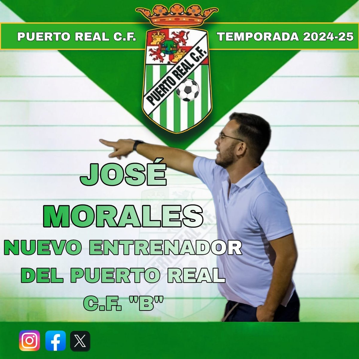 ¡¡ JOSE MORALES NUEVO ENTRENADOR DE NUESTRO SENIOR B !!

EL técnico chiclanero entrenará a nuestro filial la próxima campaña. 🇳🇬🔝

Se hará cargo de un proyecto que esta campaña adquiere más ilusión que nunca. 🤩

¡ Bienvenido Jose ! 💚🤍

#VamosPRCF
#Desde1931