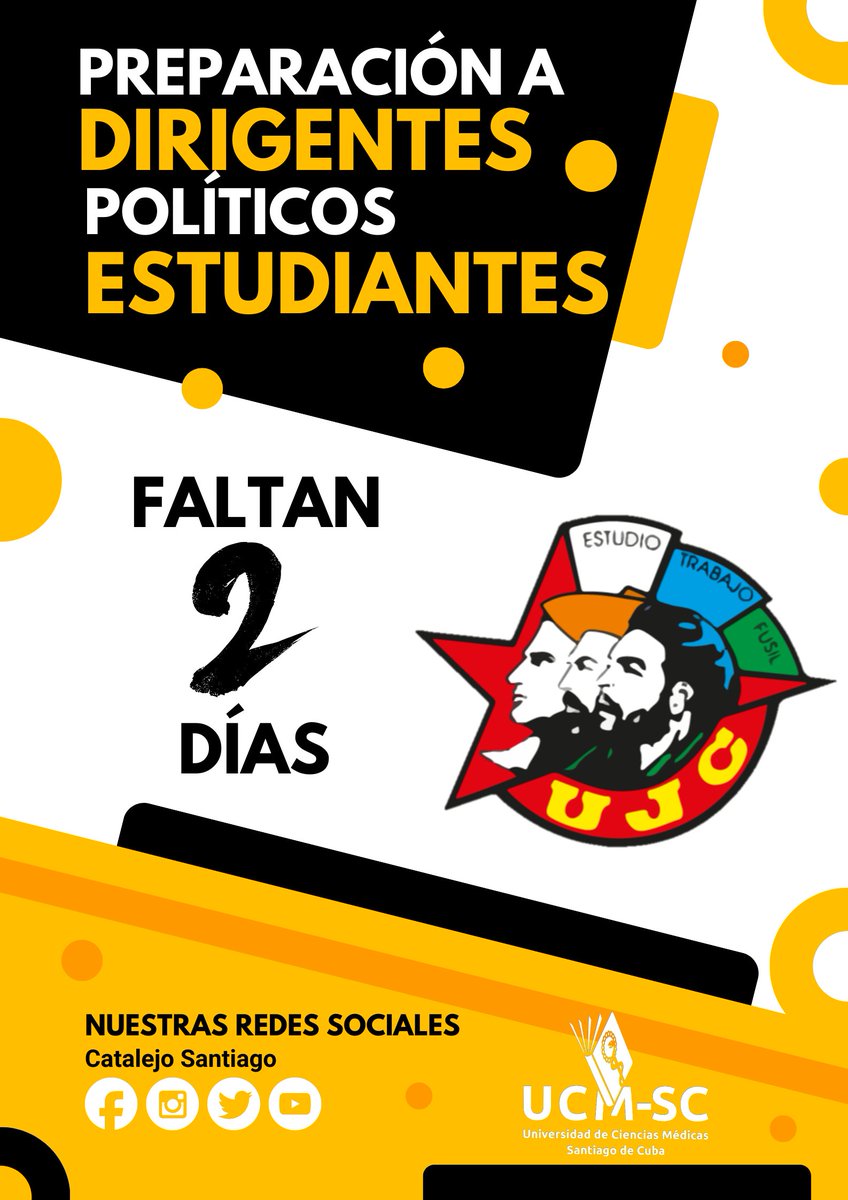 Catalejo_Stgo's tweet photo. Tik Tok ⏳⏱️
💥 Faltan 2️⃣ Días ...
✍️✊ Preparación a Dirigentes Políticos Estudiantiles de la ⚕️ Universidad de Ciencias Médicas de Santiago de Cuba 🇨🇺

#UCM_SC
@ucm_sc
#UJC https://t.co/DZ6hCjrzzn
