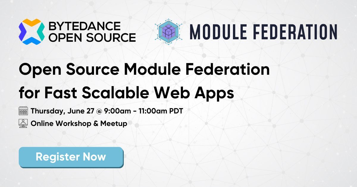 bemyapp's tweet image. 🎉 Ready to revolutionize your web apps? Join us for an exclusive demo of Module Federation 2.0 by Zack Jackson at the ByteDance Open Source #virtualmeetup on June 27th. Register now: bit.ly/ByteDanceMeetu…  #WebDevSkills #ModuleFederation #ByteDance @ScriptedAlchemy