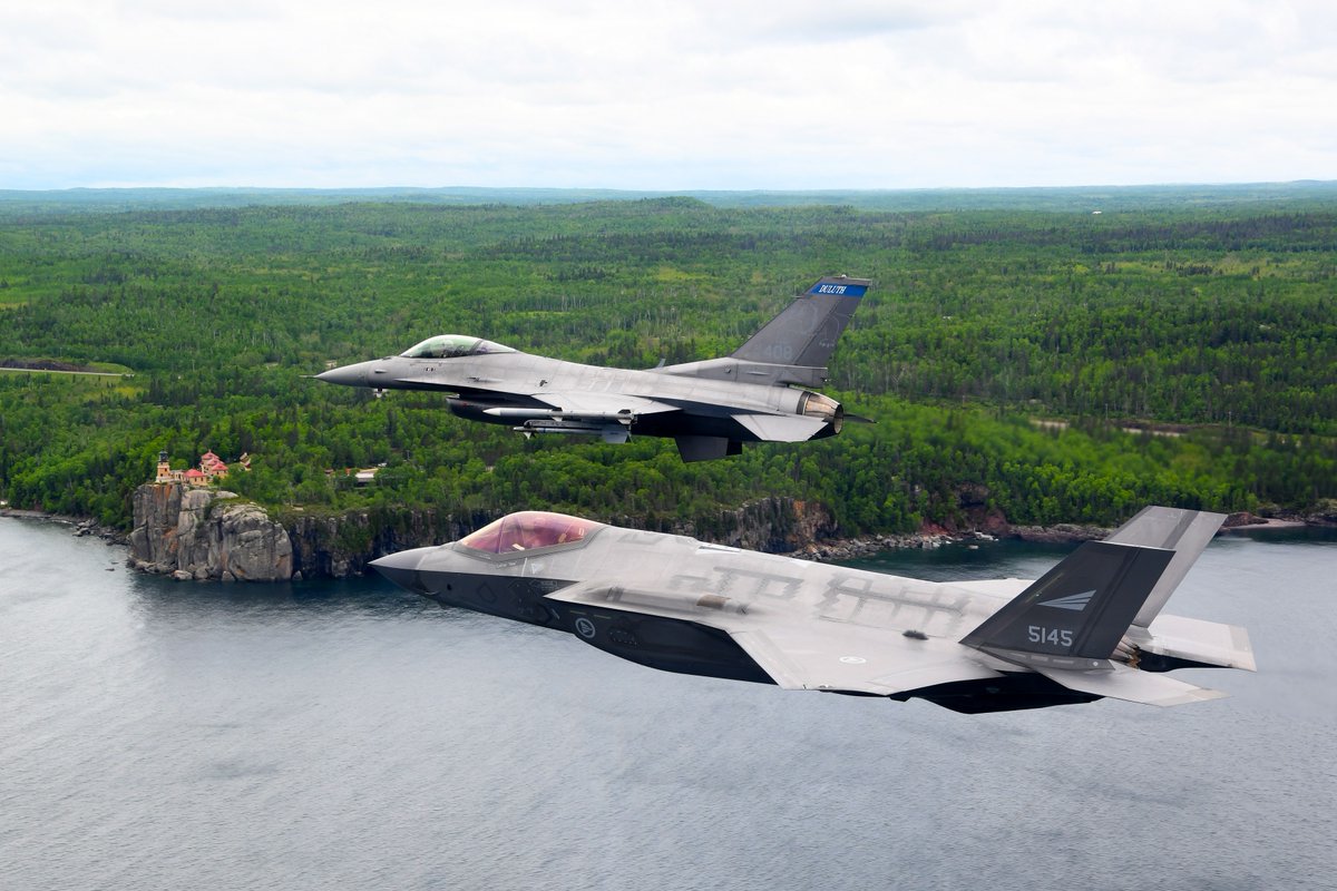 Did we just become best friends? 😃

A <a href="/usairforce/">U.S. Air Force</a> F-35A Lightning II, flown by a member of the Royal Norwegian Air Force, flies in formation with an F-16 over Lake Superior, Minnesota, during a State Partnership Program visit. #F35Unites