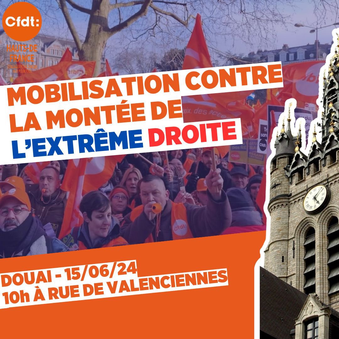 La CFDT HDF appelle à une mobilisation massive suite aux résultats préoccupants des dernières élections européennes. 

📅 Date : Samedi 15 juin
⏰ Heure : 10h00
📍 Lieu : Rue de Valenciennes, Douai

#NonALaHaine #OuiALaSolidarité #CFDTHDF #Mobilisation