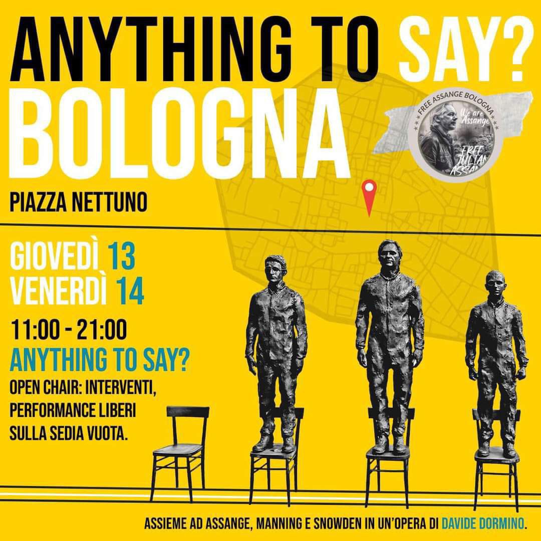 Assange_Italia's tweet photo. #Anythingtosay da Roma arriva a #Bologna
#13giugno
#14giugno
Partecipate agli eventi organizzati con il gruppo #FreeAssangeBologna
e l’artista @davide_dormino!
#FreeAssange
#LetHimGoJoe https://t.co/Qg6BEVRX8I