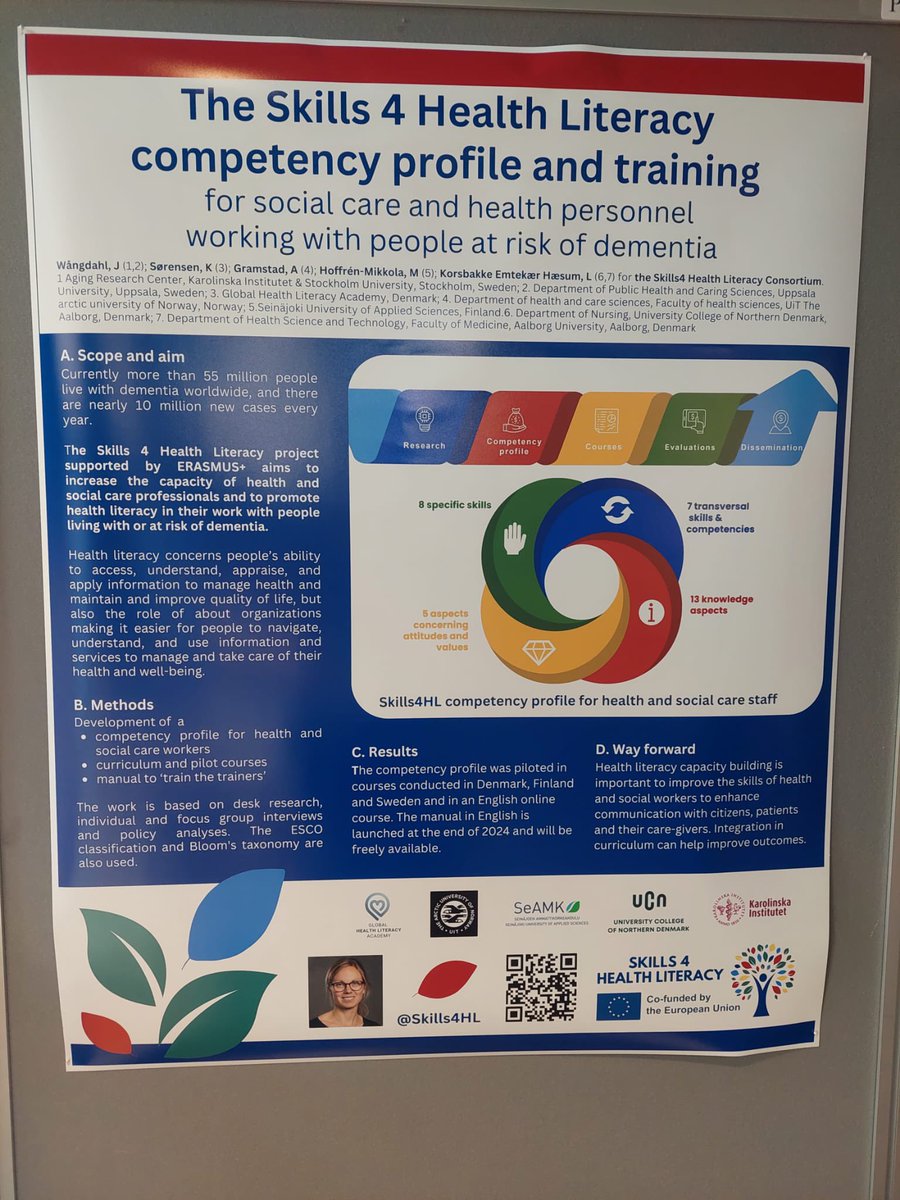 <a href="/SKILLS4HL/">Skills4HealthLiteracy</a> was presented through pitch at poster tour today at the 27th Nordic Congress of Gerontology, Stockholm, Sweden. #Healthliteracy matters for professionals and people living with #dementia <a href="/theIHLA/">IHLA</a> <a href="/EUErasmusPlus/">Erasmus+</a> #socialcare