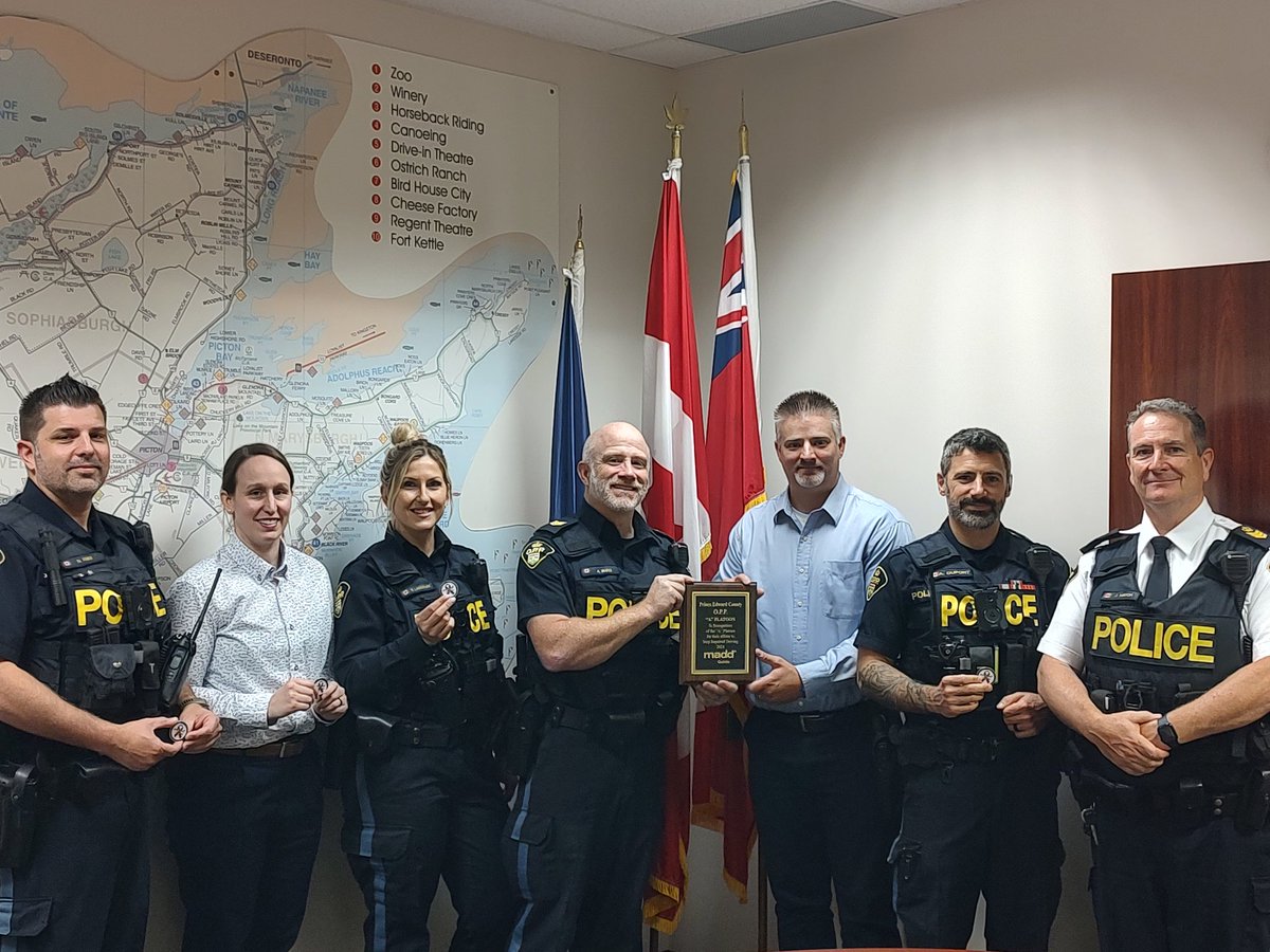 maddQuinte's tweet photo. Congratulations to the Prince Edward County O.P.P. "A" Platoon. They received the MADD Quinte Recognition Award and officers of this platoon were awarded the MADD Quinte challenge coin for their outstanding work. 37 impaired driving charges and 119 Ride Programs conducted in 2023 https://t.co/j9WvrB4KsC