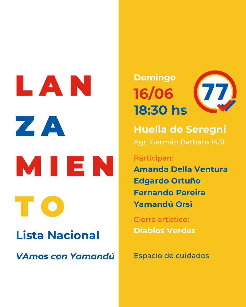 Lanzamiento de nuestra Lista Nacional💛

🗓️ Domingo 16 de Junio
⏰ 18:30 hs
📍Huella de Seregni

Participan:
Amanda Della Ventura
Edgardo Ortuño
Fernando Pereira
Yamandú Orsi

Cierre musical de la mano de <a href="/diablosverdesof/">Los Diablos Verdes Oficial</a> 

¡Vamos nosotros, vamos nosotras!🔴🔵⚪️💛
