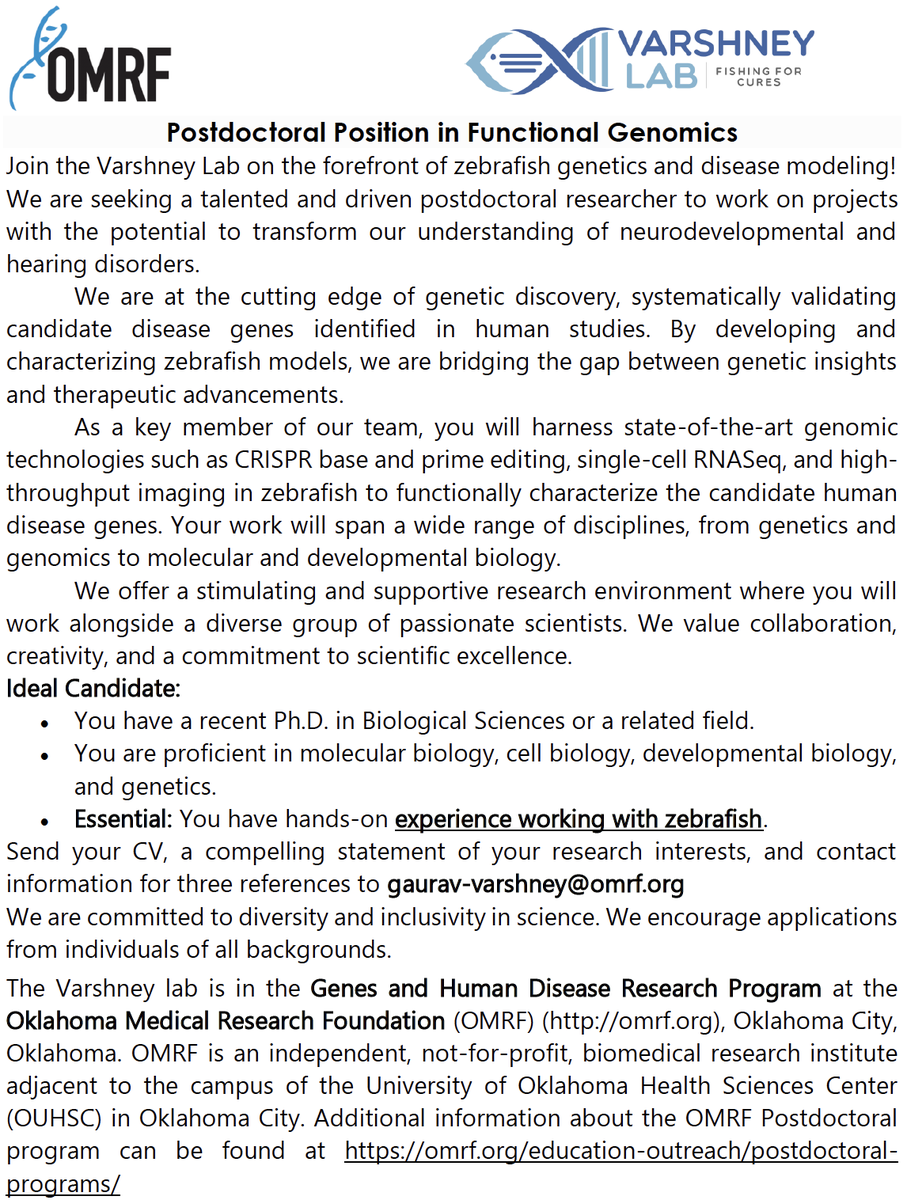 I am recruiting a postdoctoral researcher to model neurodevelopmental and hearing disorders using zebrafish.