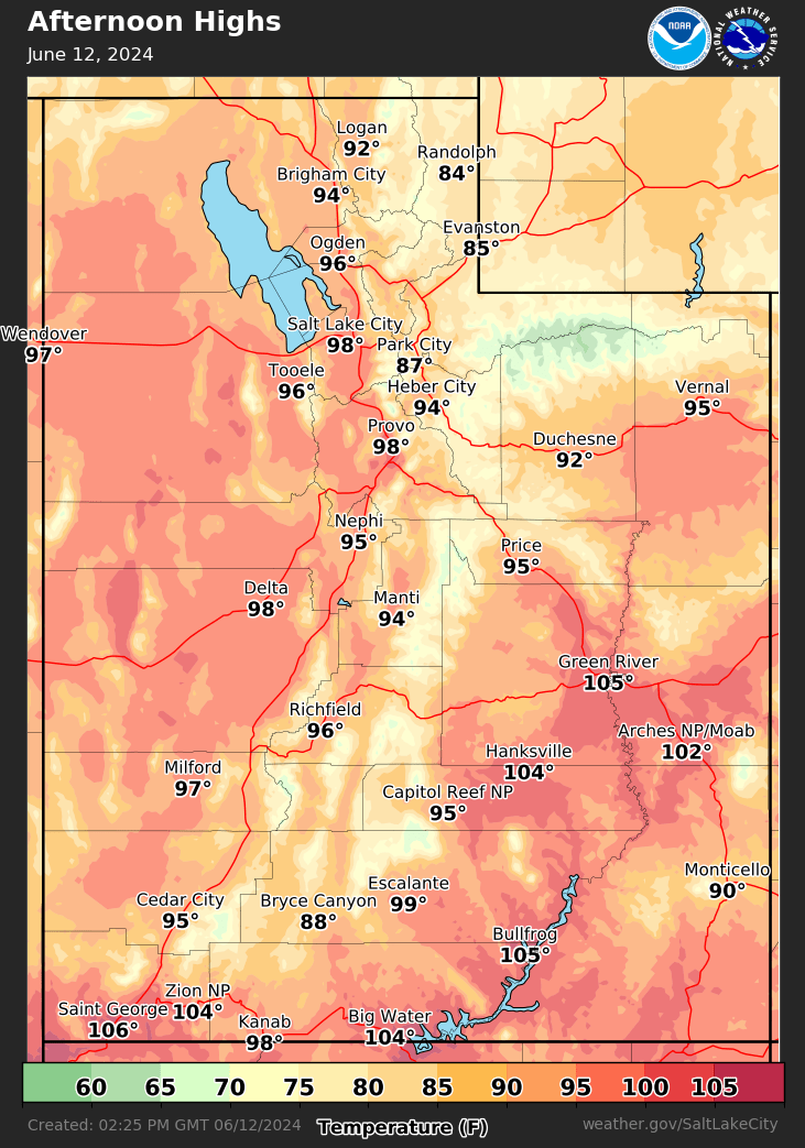 High temperatures for most of Utah will range from the 90s-100s Wednesday and again Thursday. Stay hydrated, wear light colored clothing, and take breaks, especially if working or recreating outdoors! #utwx