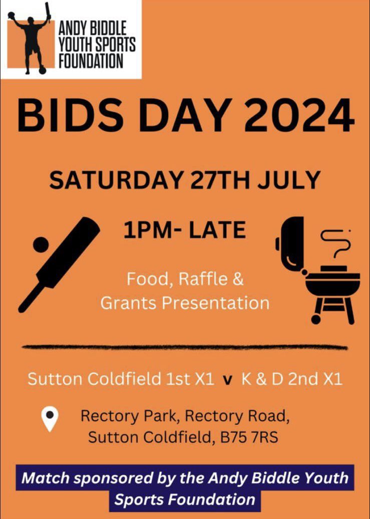 Andy Biddle Youth Sports Foundation (@andybiddleysf) on Twitter photo 🏏Next Bids Day 🏏
Free to attend, come and support <a href="/SuttonCfieldCC/">Sutton Coldfield CC</a> 1st team. There will be food, raffles and our Grants Presentation. The match is sponsored by The Andy Biddle Youth Sport Foundation🧡🖤
🗓️ Saturday 27th July
⏰ 1pm - Late
📍Rectory Park, B75 7RS 🏏Next Bids Day 🏏
Free to attend, come and support <a href="/SuttonCfieldCC/">Sutton Coldfield CC</a> 1st team. There will be food, raffles and our Grants Presentation. The match is sponsored by The Andy Biddle Youth Sport Foundation🧡🖤
🗓️ Saturday 27th July
⏰ 1pm - Late
📍Rectory Park, B75 7RS