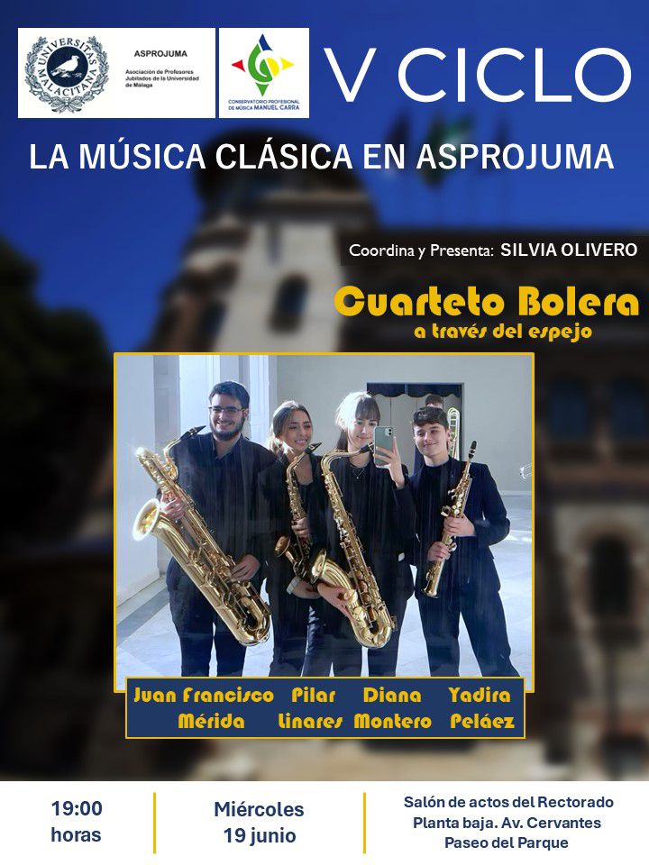 Concierto fin de temporada en La Música Clásica en Asprojuma. Participación de Juan Fco. Mérida, Pilar Linares, Diana Montero y Yadira Peláez. Próximo miércoles 19 de junio a las 19h en el Salón de Actos del Rectorado, paseo del parque. Coordinado y presentado por Silvia Olivero.