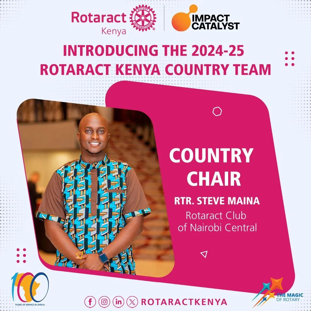 Congratulations to  Rtr. Steve Maina from the Rotaract Club of Nairobi Central for having been appointed to serve as the Rotaract Kenya Country Chair for Rotary Year 2024/25 👏🏽 

Rtr. Steve has exuded the true embodiment of Service above Self and we have seen his impact this year
