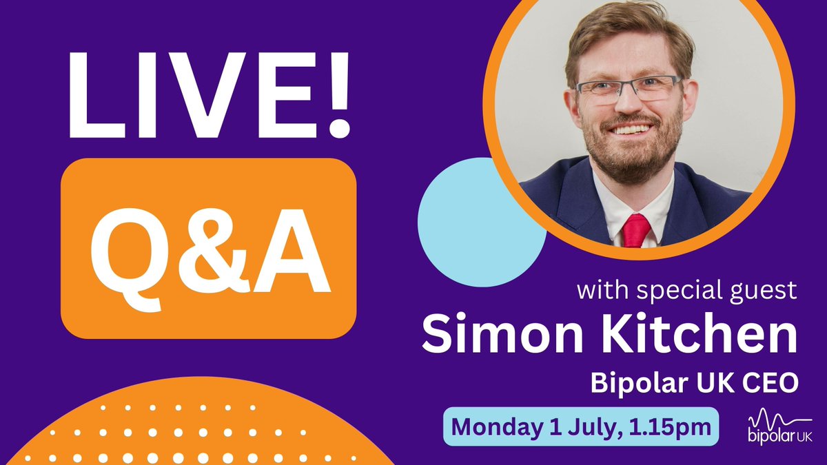BipolarUK's tweet image. 🌟 Live Q&amp;amp;A with Bipolar UK CEO, Simon Kitchen 🌟

Join us on the eCommunity with Simon Kitchen to talk about the work we're doing as an organisation, upcoming projects and lots more!

📆 Monday 1 July
🕕 13.15 - 14.00

Join our eCommunity to take part &amp;gt;&amp;gt; lght.ly/0d8mmek
