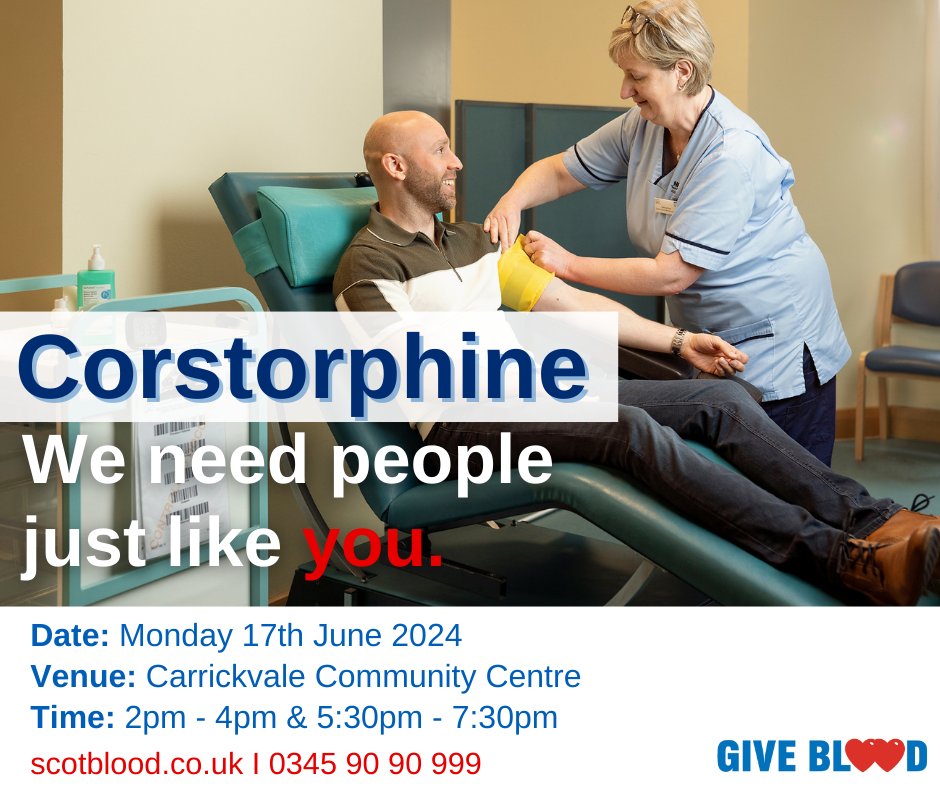 Come along and #GiveBlood on Monday 17th June and #SupportScotland ❤️💙 Book your appointment online scotblood.uk or 0345 90 90 999 *Please share* #Edinburgh #Corstorphine