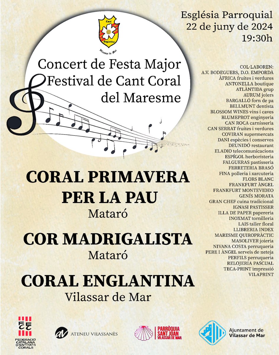 primaveraxlapau's tweet photo. El 22 de juny, a les 19.30, participarem, juntament amb el Cor Madrigalista i la Coral Englantina, al Concert de festa major de Vilassar de Mar
#estiu #música #cantcoral https://t.co/ktYdjZehyB