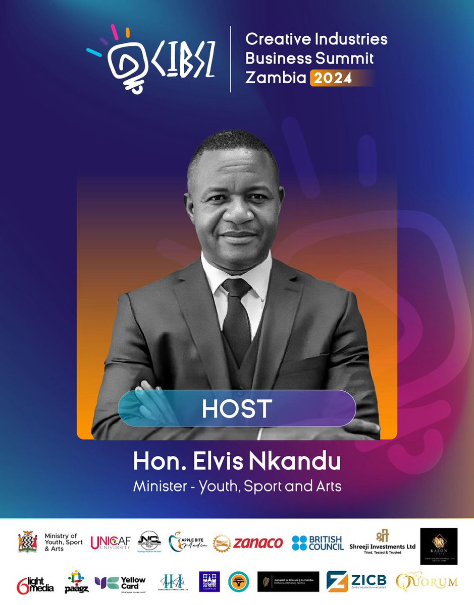 The Honourable Minister of Youth, Sport, and Arts to grace the Creative Industries Business Summit as our esteemed host! 🏛️ Join us from June 19th to 21st, 2024. See you there.

#CIBSummit #CreativeSummit #CreativeZambia
#Arts2024 #YouthEmpowerment"