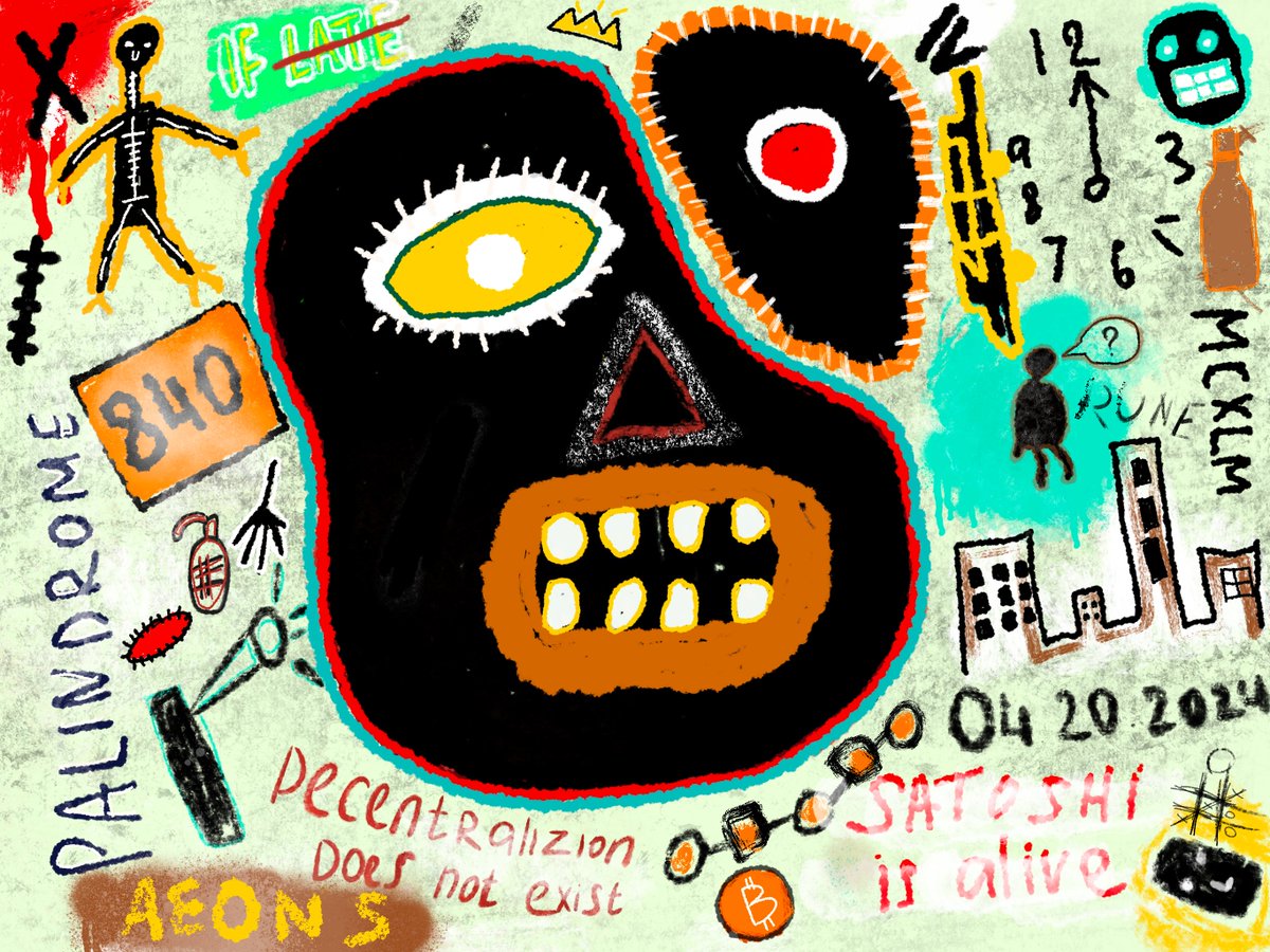 Yesterday I decided to start making art for the <a href="/AeonsBTC/">Aeons</a> 

I remember a long time ago I did another Neo-expressionism piece⌛️

In this work I tried to make hints with the date of halving /rare sats/ blockchain/etc🟧

<a href="/basil_btc/">BASIL</a> what do you say?