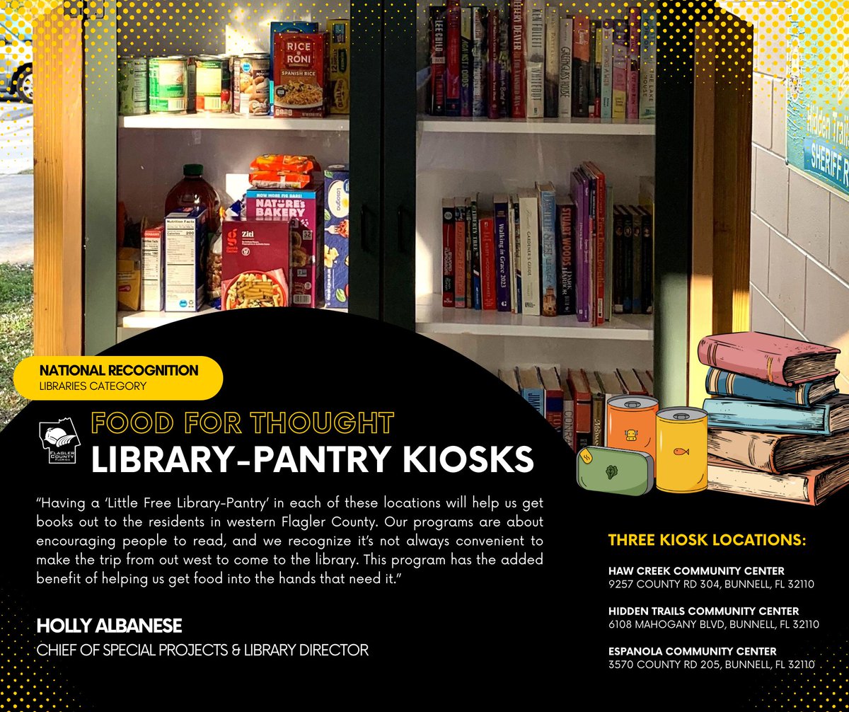 FlaglerCtyGov's tweet photo. Last week, the National Association of Counties commended Flagler County for excellence. The Flagler County Public Library expanded with the opening of three “Food for Thought” kiosks in which non-perishable canned goods can be exchanged for books, or vice-versa. #FlaglerFirst https://t.co/h1w9ARxTgx