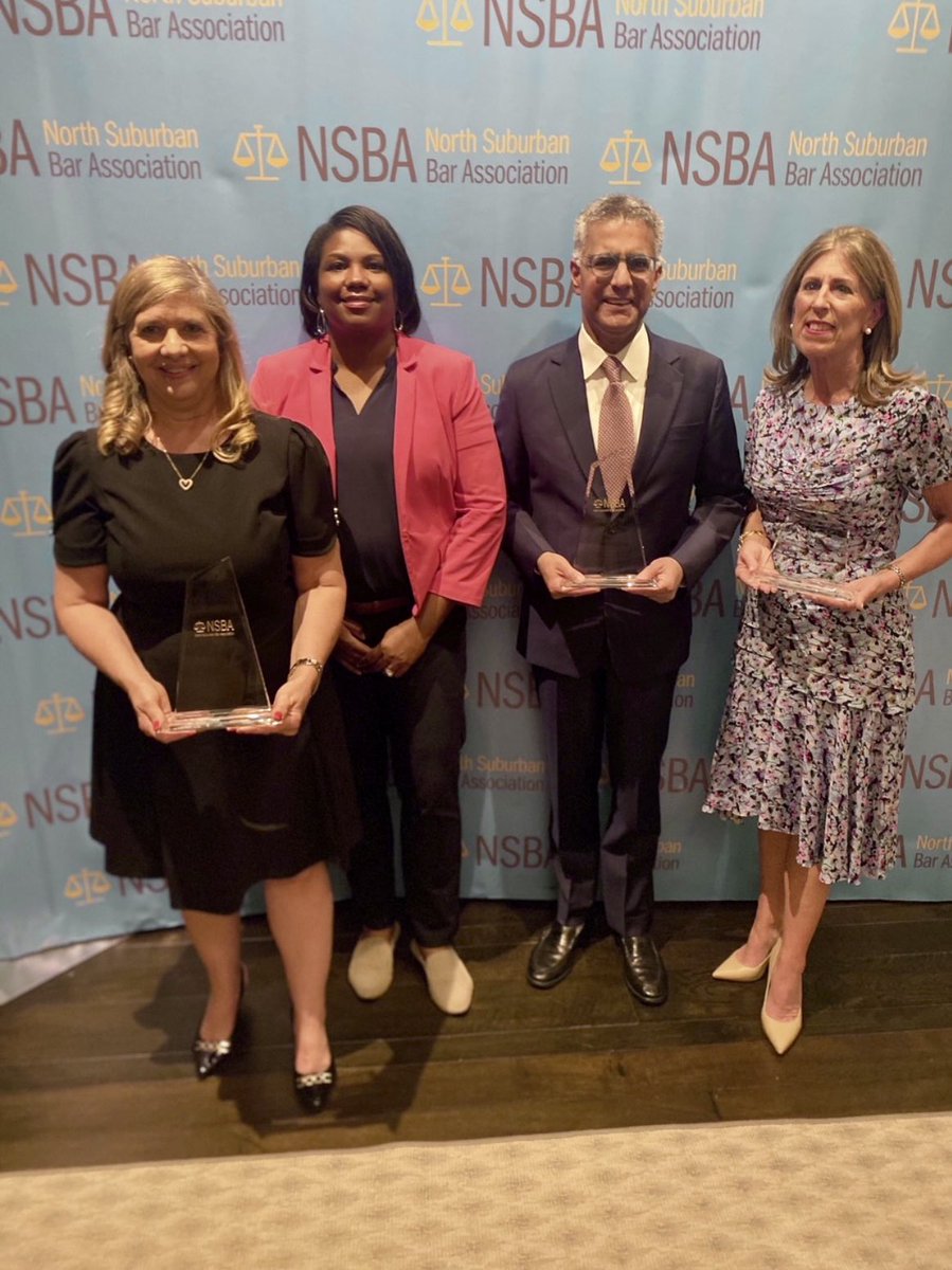 CookCoCourt's tweet photo. @CookCntyCourt Judges Diann K. Marsalek and Jeanne M . Reynolds, along with Illinois Appellate Court Justice Sanjay T. Taylor received Judge of the Year honors Monday from the @ILNSBA. Chief Judge Timothy C. Evans presented the honor. Also pictured is MK Gamble of ILNSBA. https://t.co/xuZYUKiXRh