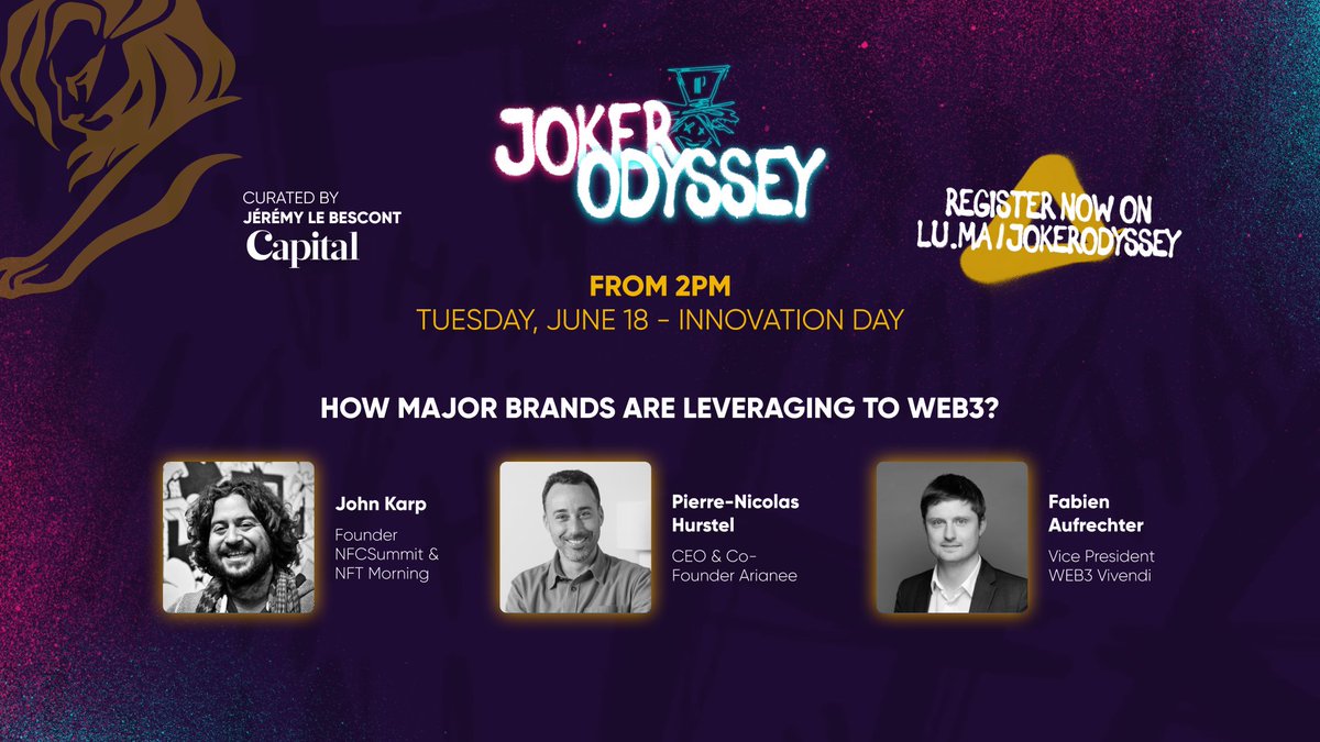 🔥 Our CEO &amp; Co-Founder, <a href="/mr_pnh/">Pierre-Nicolas Hurstel - PNH.eth 🏠</a> , will be speaking at the #CannesLions2024 during the Joker Odyssey Innovation Day with <a href="/JokerClubSpirit/">Joker Club by Partouche</a> on June 18th!

Join us to discuss how major brands are leveraging Web3 with Fabien Aufrechter (Vivendi Web3) and <a href="/johnkarp/">John Karp - <a href="/NFCsummit/">NFC SUMMIT - JUNE 4-6 2026 - LISBON</a> mode until June 4/6</a>  (@NFCsummit ),