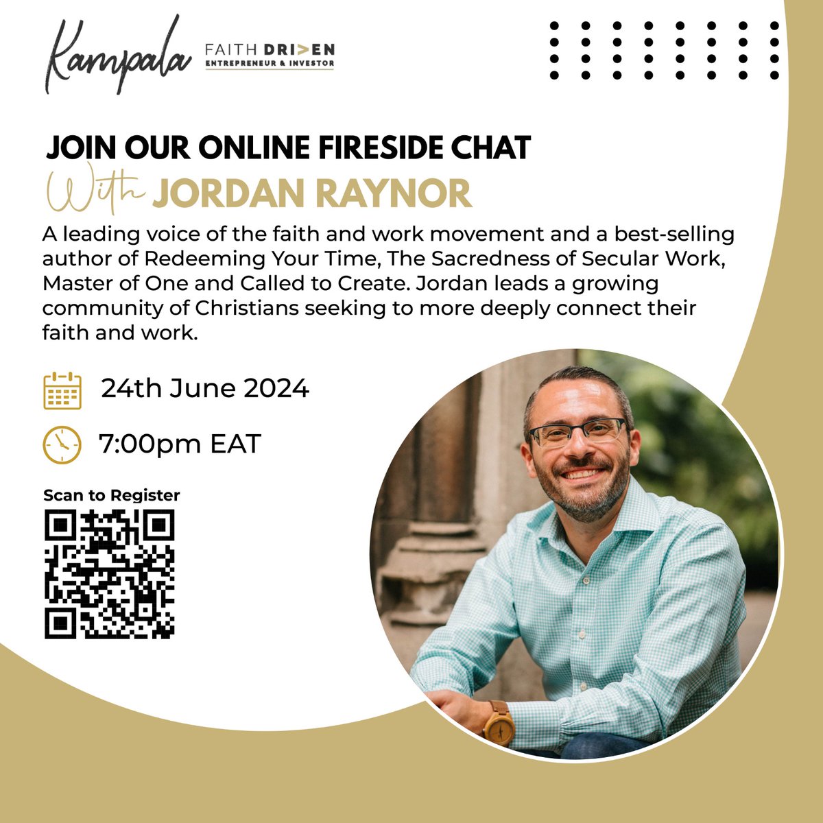 Kampala City Networks FDE (@klacitynet) on Twitter photo Kampala City Network invites you to an online fireside chat.
Topic: Fireside Chat with <a href="/JordanRaynor/">Jordan Raynor</a>.
When: Monday 24th June, 2024 at 7:00pm EAT
Please use the QR code on the flier or the link below to register in advance.
rb.gy/jfmunf Kampala City Network invites you to an online fireside chat.
Topic: Fireside Chat with <a href="/JordanRaynor/">Jordan Raynor</a>.
When: Monday 24th June, 2024 at 7:00pm EAT
Please use the QR code on the flier or the link below to register in advance.
rb.gy/jfmunf