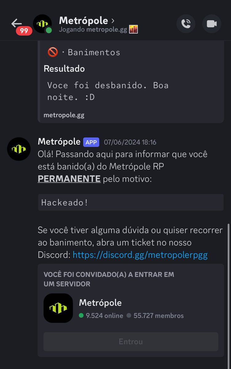 neryyzn's tweet photo. @Metropolegg Opa boa tarde, se conseguir da uma atenção aqui por gentileza, tentei contato com a administração mais sem sucesso… tomei um banimento permanente do metroville sendo que a última vez que eu entrei foi dia 7 de junho, o motivo que está no discord é o que é mostrado na imagem https://t.co/saAtqi8fIl