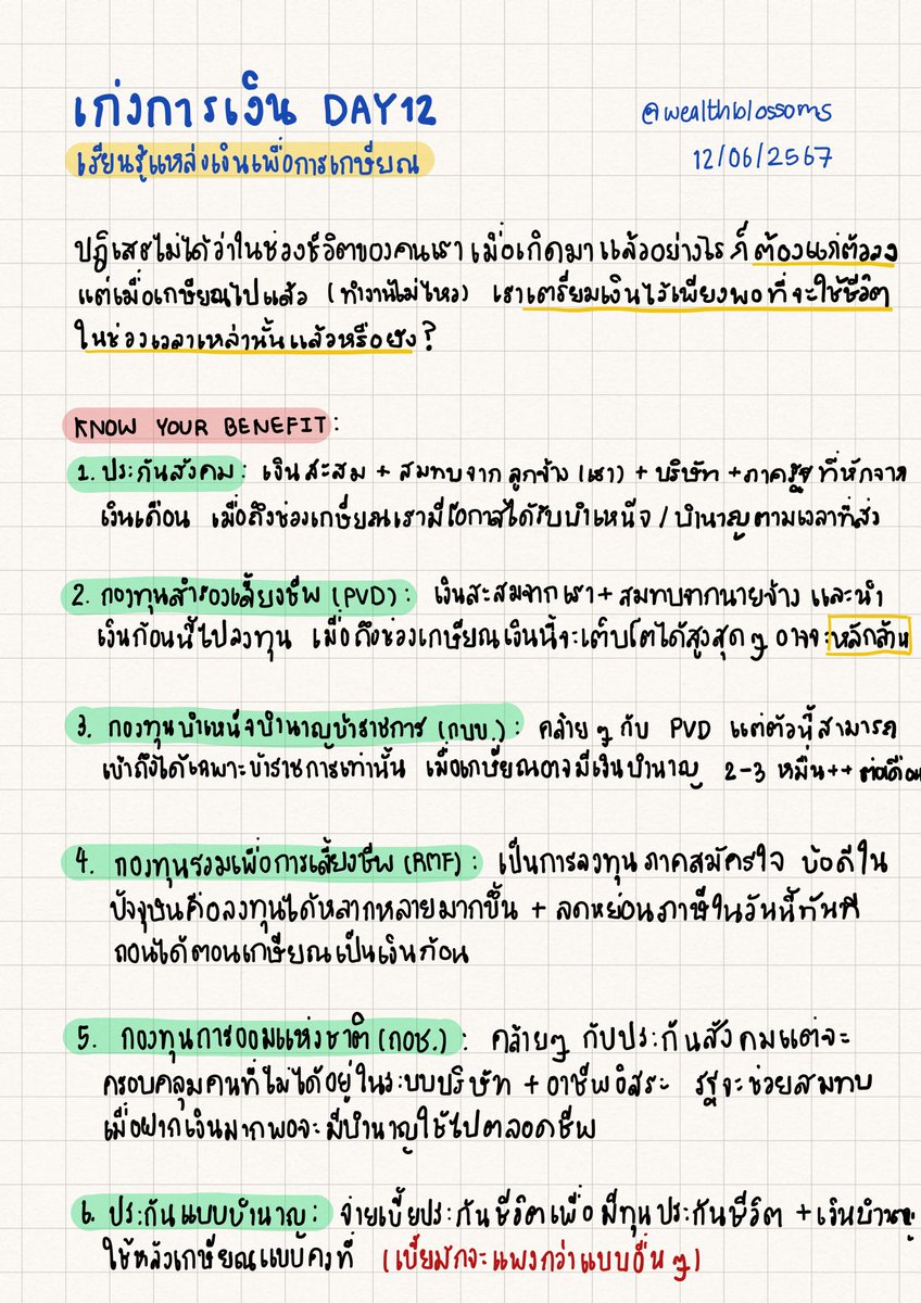 wealthblossoms's tweet photo. เก่งการเงินวันที่ 12 ‘เกษียณไปแล้ว เราเอาเงินจากที่ไหนมาใช้ได้บ้างนะ?‘ 💰🤔🧓
.
📍 วันที่ 12: เรียนรู้แหล่งเงินเพื่อการเกษียณกัน!

✍️ สิ่งที่ต้องทำ: รู้จักสิทธิประโยชน์ของตัวเอง เช่น ประกันสังคม กองทุนสำรองเลี้ยงชีพ RMF, SSF และ กบข.

🎯 เป้าหมาย: เพื่อที่จะได้เห็นว่า ณ วันที่เราเกษียณ เงินจะมีเท่าไหร่? และแหล่งเงินจากไหนบ้าง?

—————————————————————

ตอนนี้ @wealthblossoms กำลังทำซีรีส์สรุปความรู้ทางการเงิน Step by Step ให้เพื่อน ๆ เริ่มเก่งการเงินโดยเริ่มตั้งแต่พื้นฐานเลยครับ! หากใครอยากอัพสกิลการเงินไปพร้อม ๆ กันต้องห้ามพลาดเลยน้า อัพเดททุกวันประมาณ 21:00 น. ครับบ🙋😻

ดูแผนเรียน สัปดาห์แรก 💪: https://t.co/y6bWrgBdaP

ดูแผนเ���ียน สัปดาห์ที่สอง 💪: https://t.co/9GEqlFeo0p

—————————————————————

ดูว่าวันที่ 8 เราเรียนอะไร 👉: https://t.co/hcqb8nNhGX

ดูว่าวันที่ 9 เราเรียนอะไร 👉: https://t.co/JBGtFWCetQ

ดูว่าวันที่ 10 เราเรียนอะไร 👉: https://t.co/FPnoWVZviH

ดูว่าวันที่ 11 เราเรียนอะไร 👉: https://t.co/6z3OHmK0z5