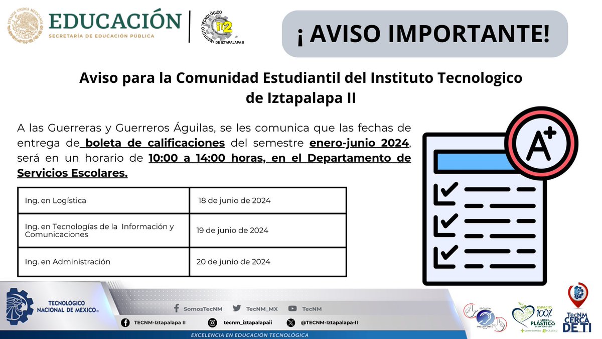 📢📢Entrega de Boletas correspondiente al semestre enero-junio 2024