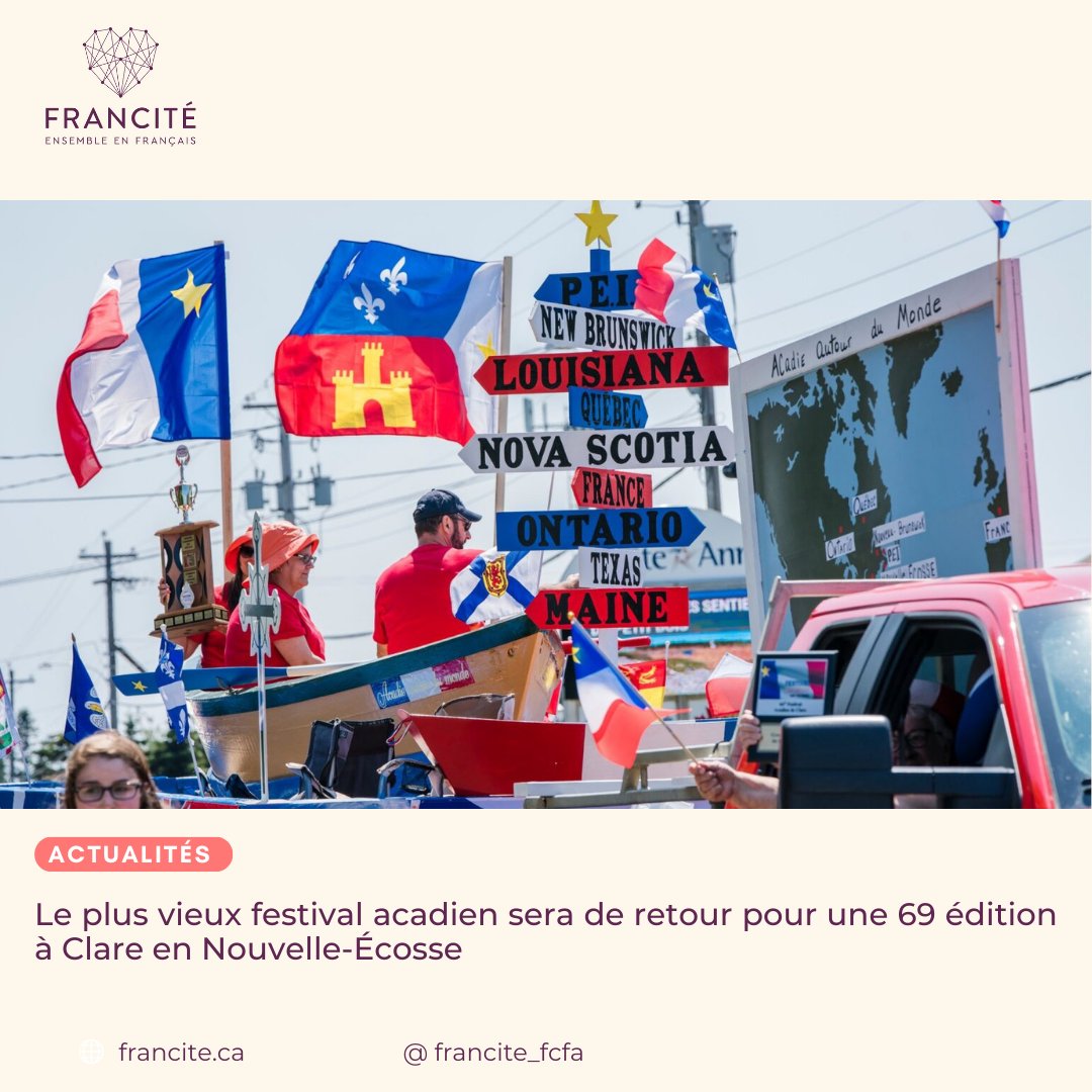📰« Le Sud-Ouest de la Nouvelle-Écosse sera cet été l’épicentre des célébrations entourant la Fête nationale de l’Acadie. En plus du Congrès mondial acadien, le Festival acadien de Clare sera de retour pour une 69e édition »  ⚜️  🎪

👉Lire l'article : francite.ca