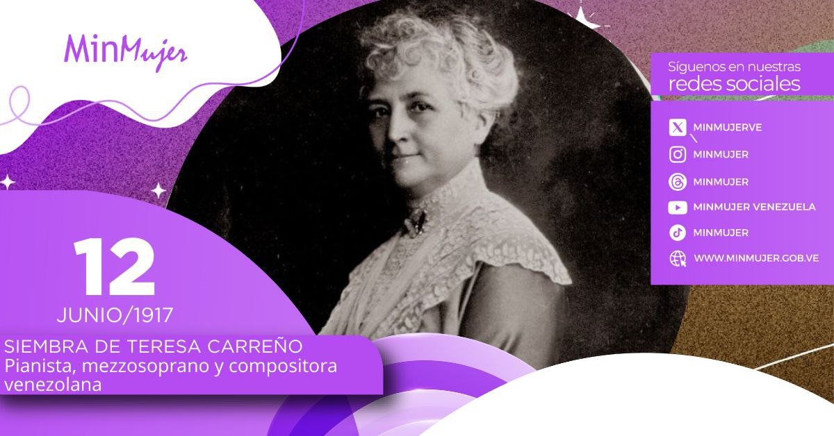 MinMujerVe's tweet photo. Conmemoramos 107 años de la siembra de la pianista y compositora venezolana Teresa Carreño. Desde su infancia mostró un talento artístico excepcional, lo que la llevó a presentarse en los más prestigiosos escenarios del mundo.

@NicolasMaduro
@DhelizAlvarez
#CreemosEnNuestraGente https://t.co/dB5leR3UaI