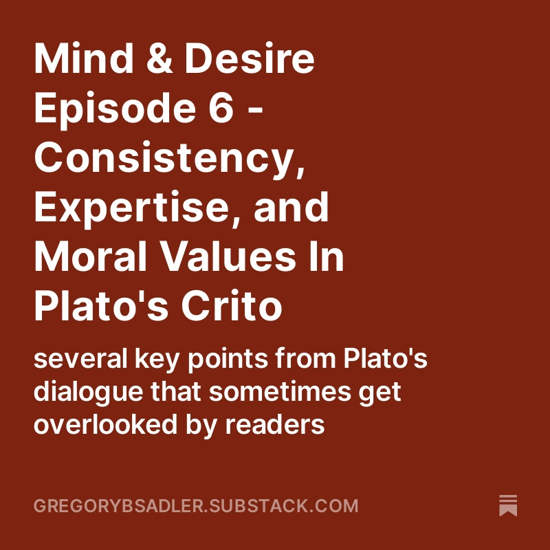 philosopher70's tweet photo. I released this episode of Mind & Desire to my paid Substack subscribers a little over a month ago. Now it's available to the public! It discusses some insights Socrates expresses that readers of Plato's Crito might miss
https://t.co/VwsYuIl2Wo
#Podcast #Plato #Crito #Expertise https://t.co/owpxRAjt7d