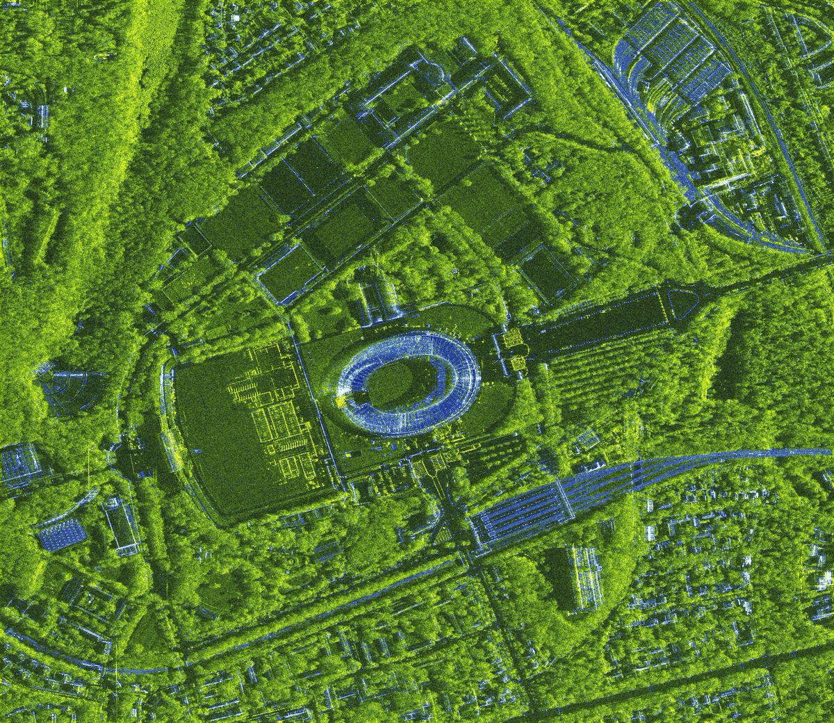 No tickets for #EURO2024? We’ve got you covered 😉⚽These incredible images, acquired by German satellites #TanDEMX &amp; #TerraSARX, show the venues of the competition, which opens in Munich ↙️ &amp; closes in Berlin. ↘️ Which team are you rooting for? dlr.de/en/latest/news…