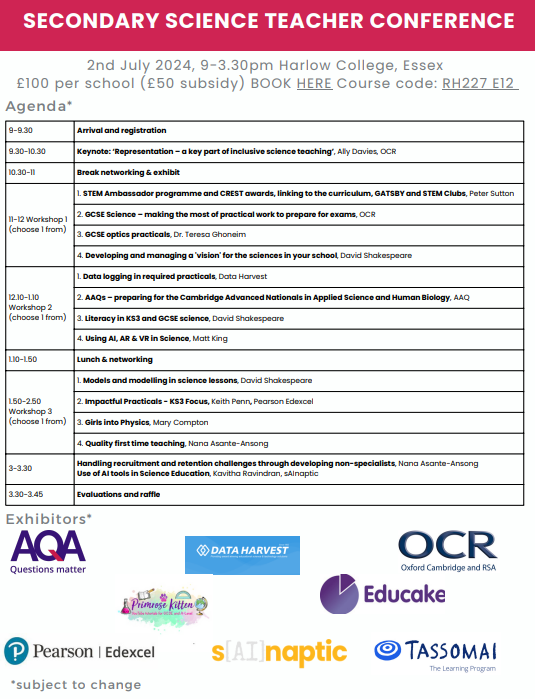 The Science Hub East Herts Essex Beds & MK (@sciencehubheb) on Twitter photo 3 weeks to go! Secondary #Science Teacher Conference <a href="/HarlowCollege/">Harlow College</a> w/shops inc. AI, literacy, managing a vision for science, practical work to prepare for exams, girls in to physics and loads more!
£50 subsidy for schools in #Herts #Essex #Beds
Book here: bit.ly/4dgUyTk 3 weeks to go! Secondary #Science Teacher Conference <a href="/HarlowCollege/">Harlow College</a> w/shops inc. AI, literacy, managing a vision for science, practical work to prepare for exams, girls in to physics and loads more!
£50 subsidy for schools in #Herts #Essex #Beds
Book here: bit.ly/4dgUyTk
