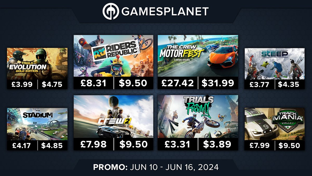 GamesplanetUK's tweet image. Race around tracks and down hills with 32 new @Ubisoft racing deals on #RidersRepublic, #TheCrew, #STEEP, #Trackmania and more! 😀

🏎️gamesplanet.com/games/offers/u…
Deals end June 16th at 3pm PT / 11pm BST