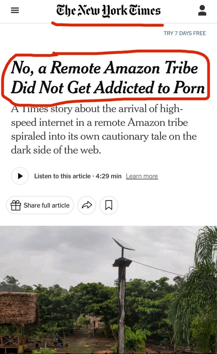 SERobinsonJr's tweet image. The @nytimes posted a false story about Starlink and an Amazon Tribe becoming addicted to porn 🤦‍♂️ They have apologized and corrected the story, highlighting Starlink's benefits in healthcare, education, business, and communication. 

My thoughts, the subject and accusations of…