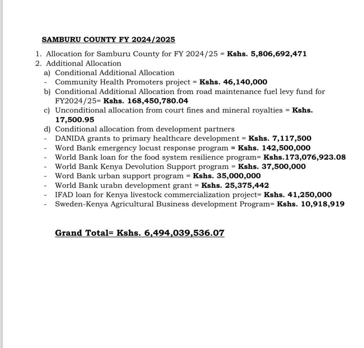 SenLelegwe's tweet photo. Yesterday, the Senate passed; The County Allocation of Revenue Bill, 2024, and The County Governments Additional Allocations Bill, 2024. As a result, Samburu County is set to receive a total of Kshs. 6,494,039,536.07 for the 2024/2025 Financial Year which consists of both equitable share and conditional allocations from national government revenue and development partners. This allocation represents an increment of Kshs. 412,854,982.72 from the previous financial year 2023/2024, and excludes the county own source revenue.

In light of this, it is imperative that the County Assembly takes the budgeting process seriously, as per their oath of office. This requires a commitment to transparent and accountable financial management, ensuring that the allocation is utilized efficiently and effectively.

Ultimately, the success of Samburu County's development agenda hinges on the ability of its leaders to prioritize and manage resources effectively. We must work together to make the most of the available funding and create a brighter future for the people of Samburu County.

God bless Samburu

#NduatELchekut
#LchekutOdede