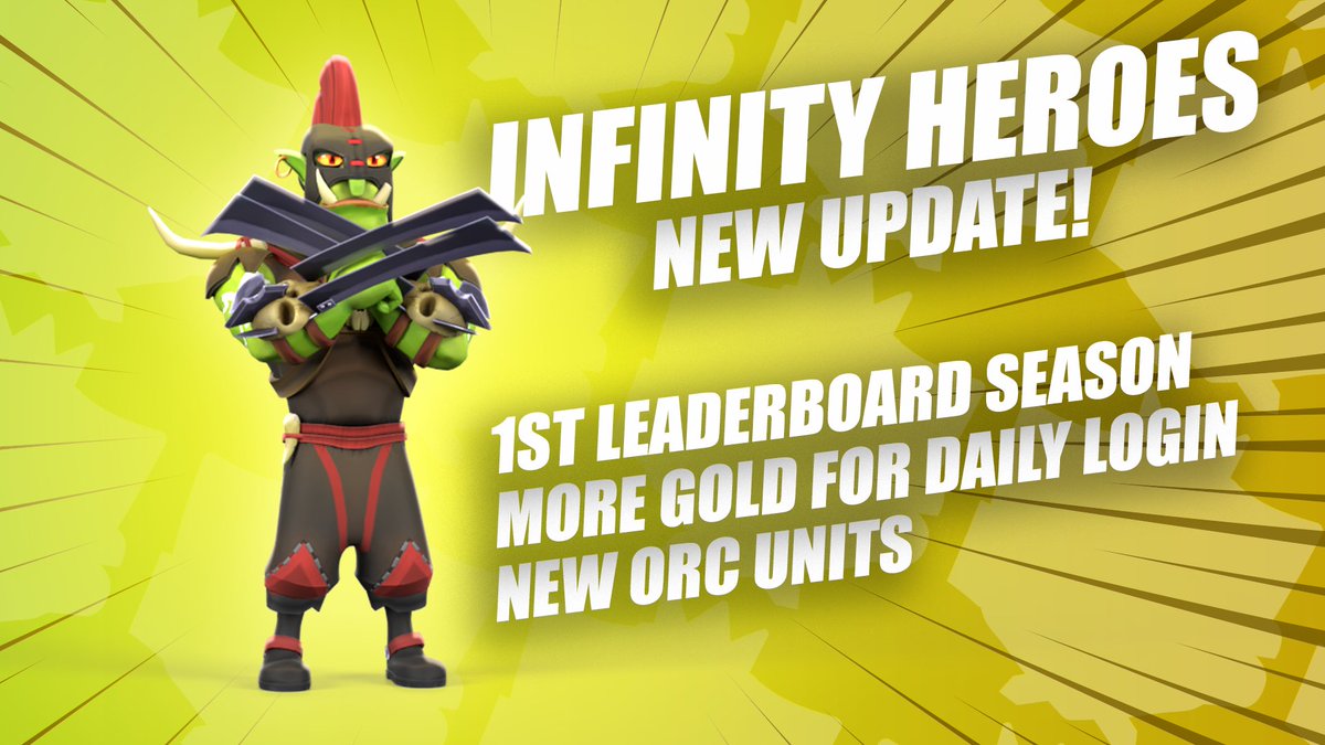 infygamestech's tweet photo. ⚔️Infinity Heroes new update is live
🏆1st official leaderboard season!
🪙More gold (300!) for the daily login quest!
🧌New units! Orc warrior hero and 4 orc units!
Download beta (PC): https://t.co/WWQjEAWSPk
Join Discord: https://t.co/j1298wM9tp
#InfinityHeroes #InfinityGames https://t.co/Cd5F0oXa2N