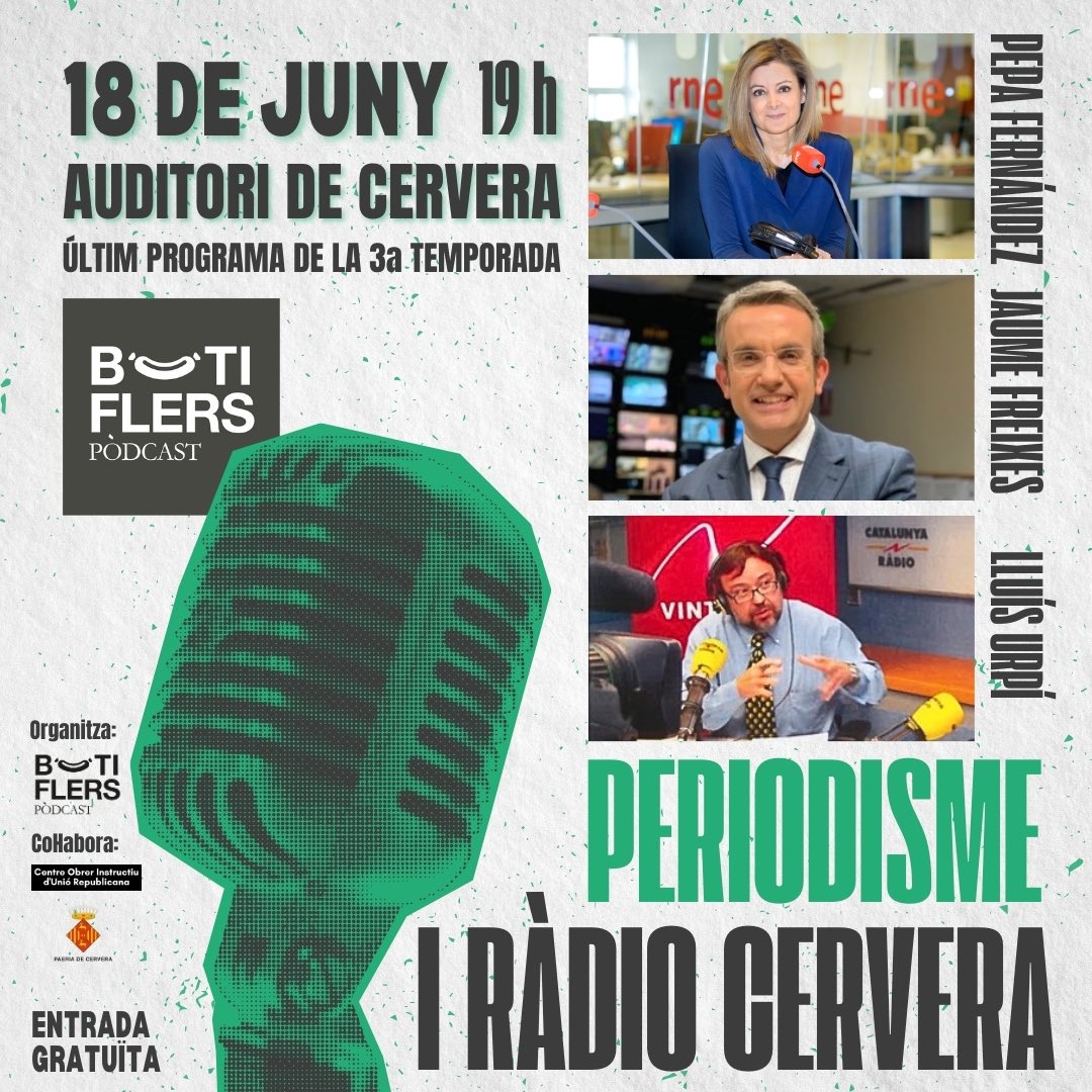 Botiflers (@botiflerspod) on Twitter photo ⚡️🎙️ÚLTIM PROGRAMA DE LA TEMPORADA🎙️⚡️
Dimarts 18 de juny, GRAN PROGRAMA EN DIRECTE sobre periodisme i Ràdio Cervera amb tres autèntics professionals de la comunicació (no com nosaltres 😳🤐): la Pepa Fernández (RNE), el <a href="/JaumeFreixes/">Jaume Freixes i Graells</a> (TV3) i el Lluís Urpí (Catalunya Ràdio).
👇 ⚡️🎙️ÚLTIM PROGRAMA DE LA TEMPORADA🎙️⚡️
Dimarts 18 de juny, GRAN PROGRAMA EN DIRECTE sobre periodisme i Ràdio Cervera amb tres autèntics professionals de la comunicació (no com nosaltres 😳🤐): la Pepa Fernández (RNE), el <a href="/JaumeFreixes/">Jaume Freixes i Graells</a> (TV3) i el Lluís Urpí (Catalunya Ràdio).
👇