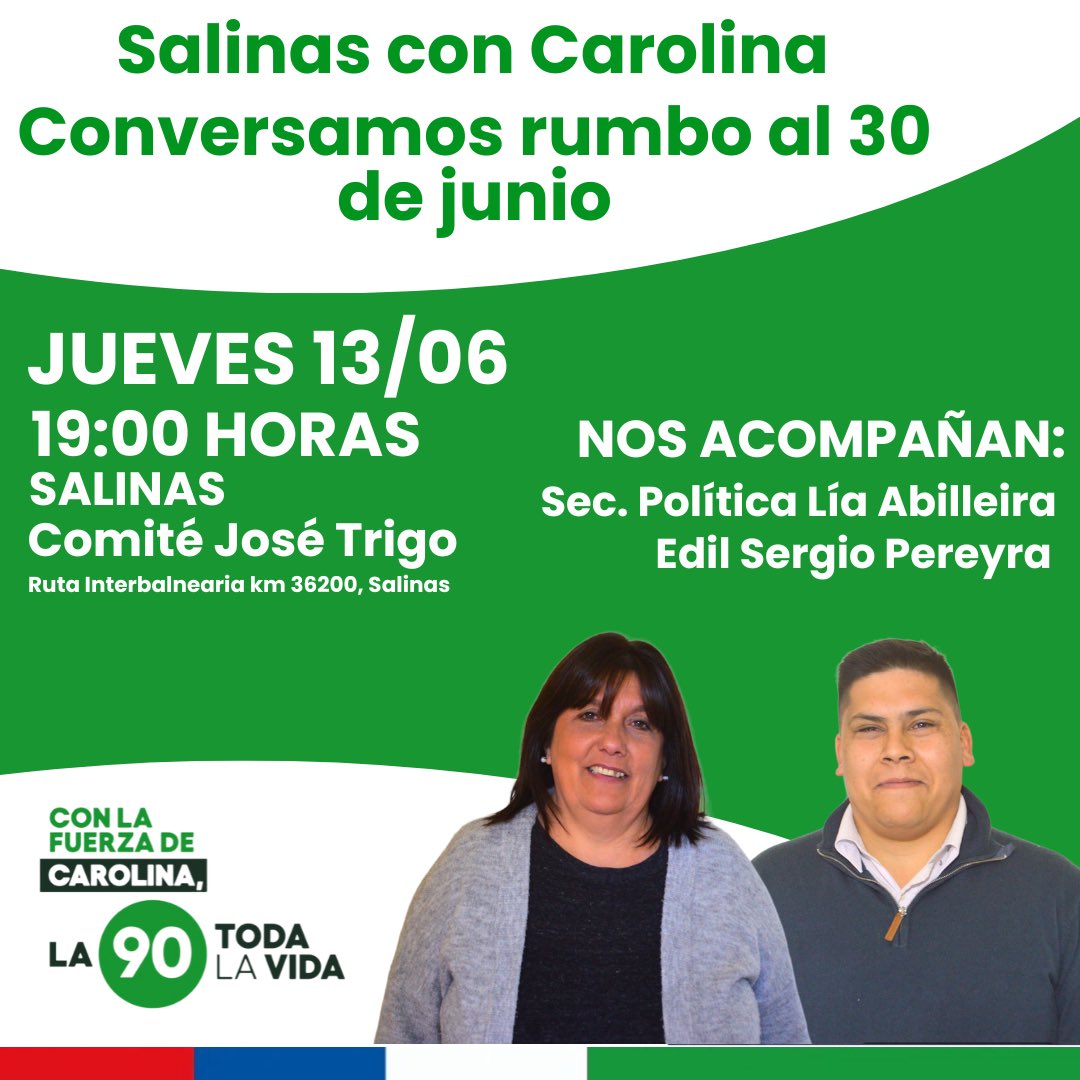 Este jueves a las 19hs las y los socialistas nos encontramos en el Comité José Trigo de Pinamar en Salinas para charlar sobre la importancia de votar al Frente Amplio el próximo 30 de Junio. 

Con la 90, la de toda la vida votamos a Carolina Cosse este próximo 30 de junio.