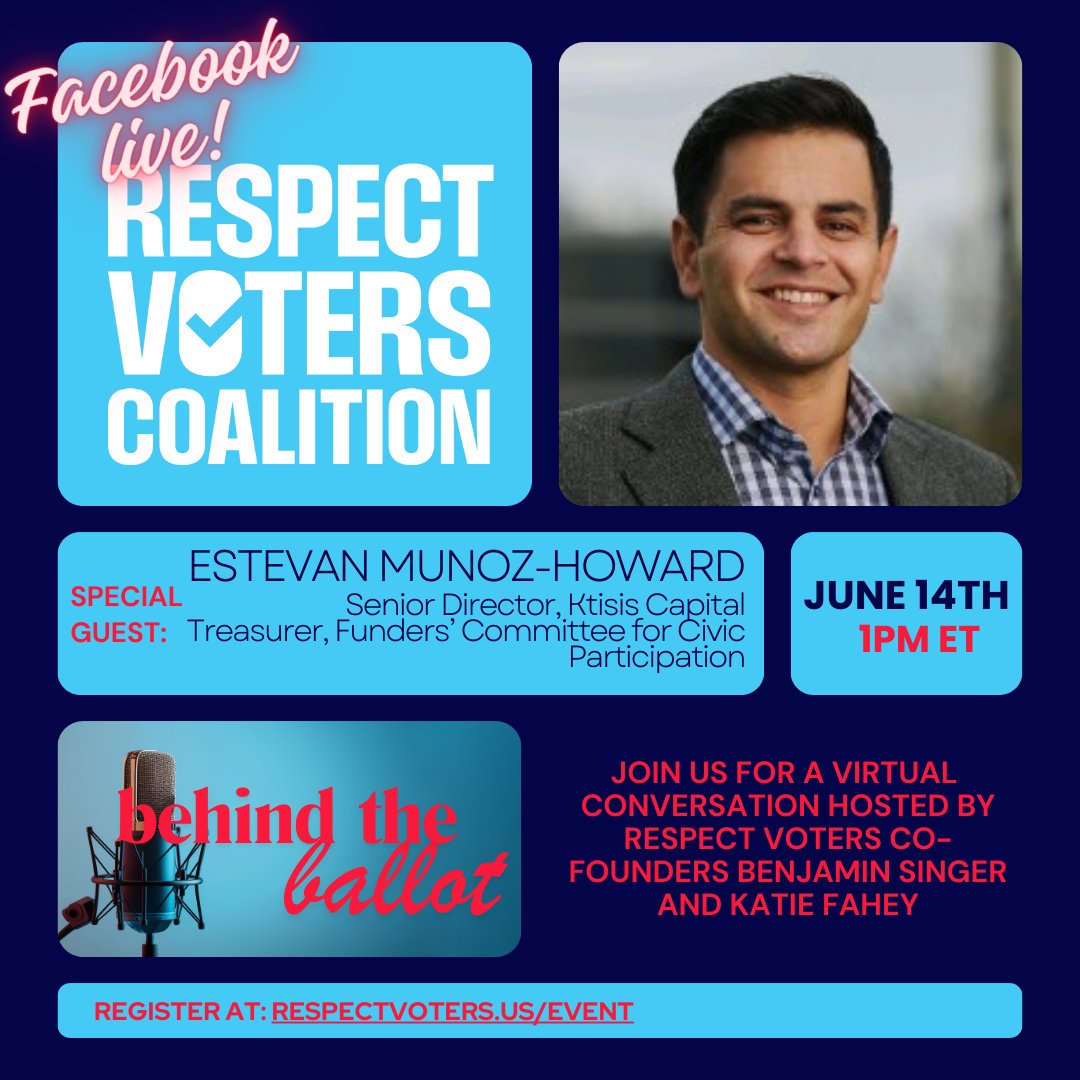 The People (@thepeopleorg) on Twitter photo Join Respect Voters co-founders Benjamin Singer & Katie Fahey as they interview ballot initiative practitioner & funder Estevan Muñoz-Howard. The virtual event is happening on Facebook Live at 1pm ET this Fri 6/14, and all are welcome to join
Register at respectvoters.us/event Join Respect Voters co-founders Benjamin Singer & Katie Fahey as they interview ballot initiative practitioner & funder Estevan Muñoz-Howard. The virtual event is happening on Facebook Live at 1pm ET this Fri 6/14, and all are welcome to join
Register at respectvoters.us/event