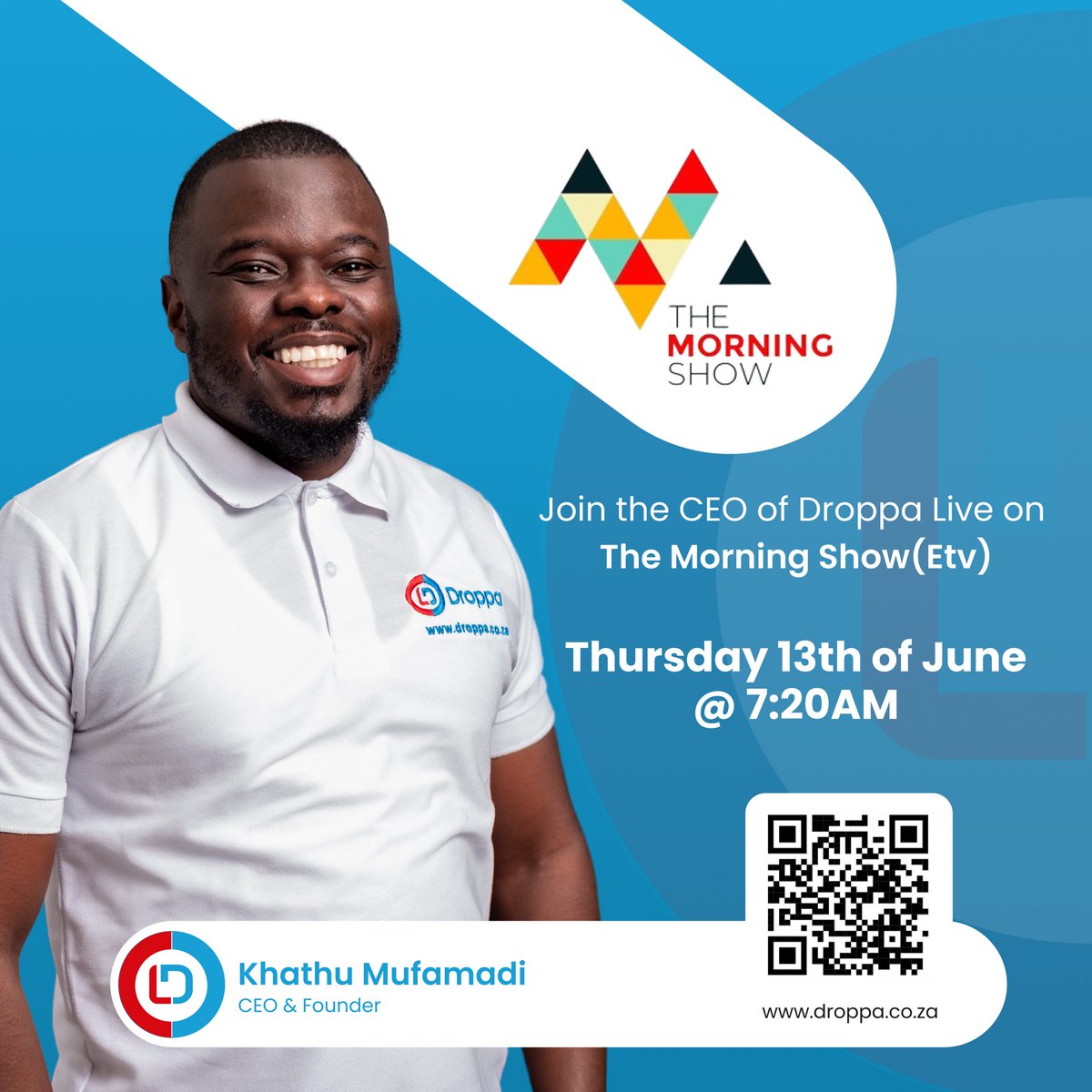 DroppaZA's tweet photo. "Excited to announce our CEO's live appearance on https://t.co/RBTasJ63bf! Hear firsthand about Droppa's journey and future plans! 

 #Getitmovedwithdroppa #Droppa #Getitdeliverednow https://t.co/Lu4bGuyj8Q