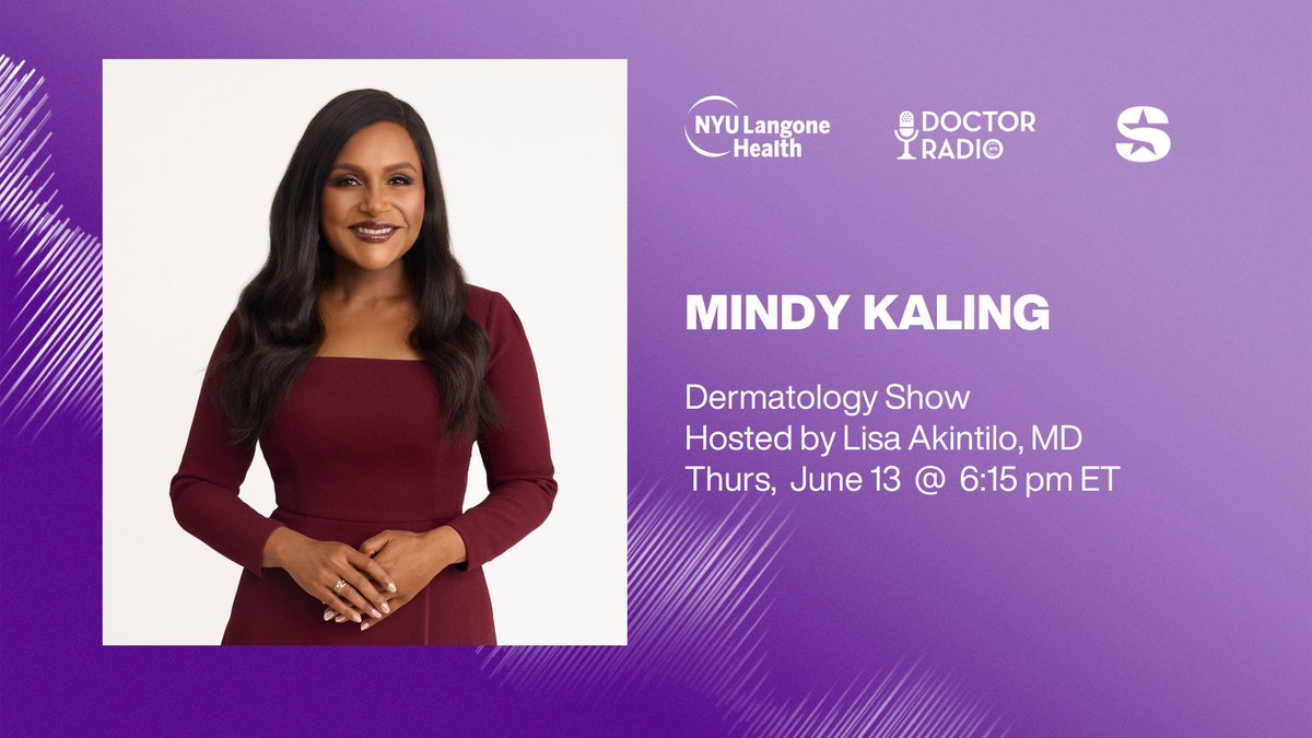 🎧Tune in alert: Actress, comedian, writer &amp; producer Mindy Kaling joins Doctor Radio's Dermatology Show w/ Dr. Lisa Akintilo on Thurs 6/13 @ 6:15pm East (<a href="/SIRIUSXM/">SiriusXM</a> ch. 110) to talk about patient advocacy for people living with #psoriasis. Listen LIVE: sxm.app.link/DoctorRadio