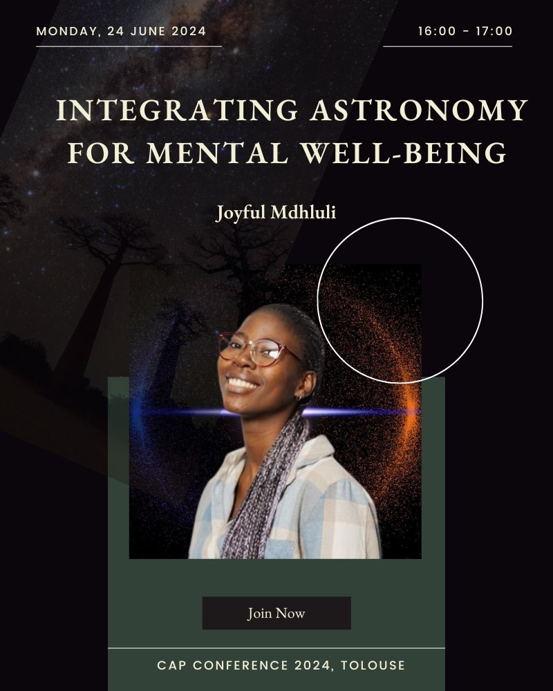 IAU-OAD (@astro4dev) on Twitter photo Join us at the <a href="/CAPconference/">CAP Conference</a> for an in-person workshop hosted by Joyful Mdhluli from the Astronomy for Mental Health Team! 🌟 Explore how integrating astronomy can enhance mental well-being.
🗓️ Date: Monday, 24 June 2024
🕓 Time: 16:00 - 17:00
🔢 Session: Parallel Session 8 Join us at the <a href="/CAPconference/">CAP Conference</a> for an in-person workshop hosted by Joyful Mdhluli from the Astronomy for Mental Health Team! 🌟 Explore how integrating astronomy can enhance mental well-being.
🗓️ Date: Monday, 24 June 2024
🕓 Time: 16:00 - 17:00
🔢 Session: Parallel Session 8
