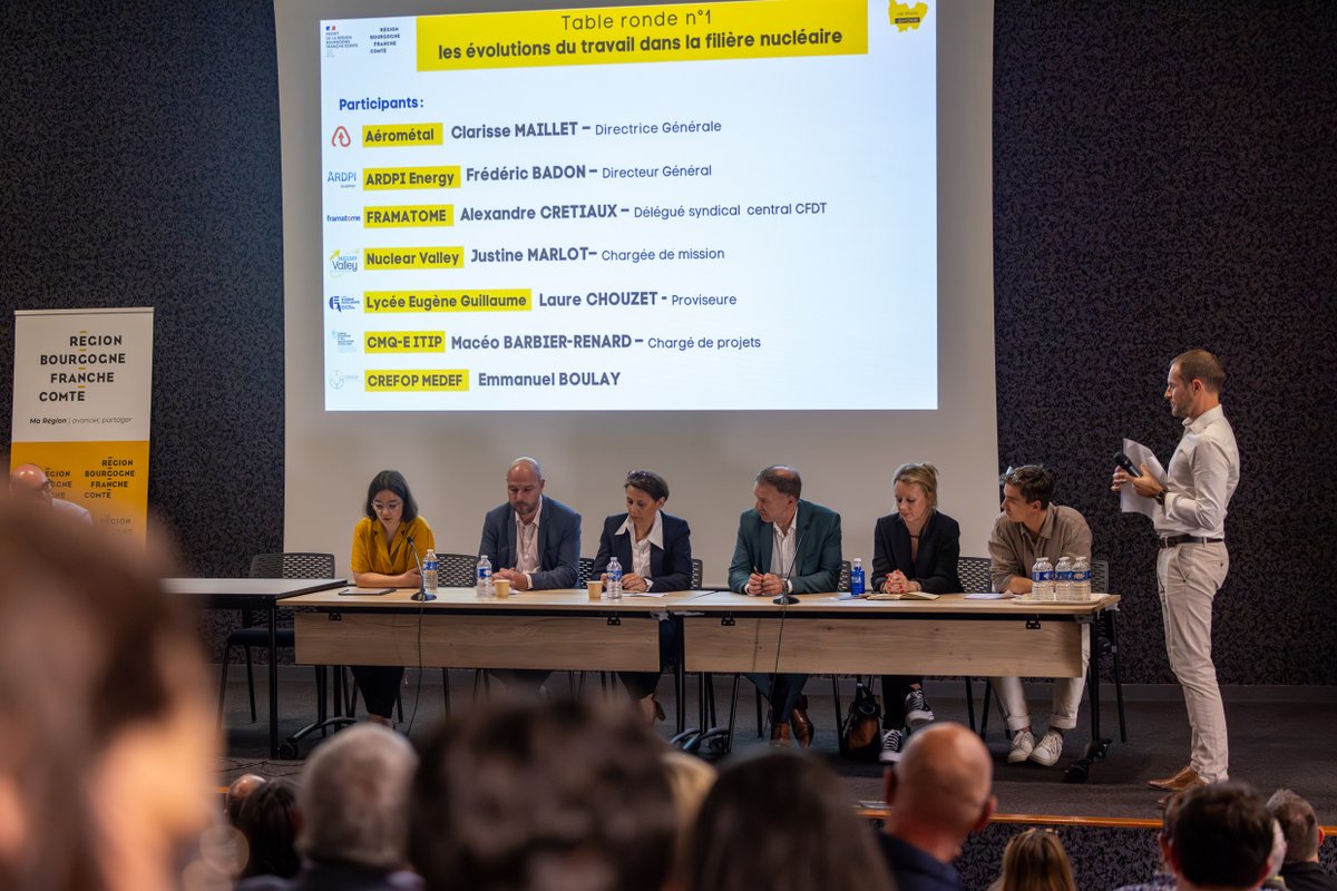 bfc_region's tweet photo. Que sait-on du travail en Bourgogne-Franche-Comté ?
Conférence-débat en ce moment à #Dole autour des thématiques du #nucleaire et des métiers de bouches. Des secteurs en tension. Objectif : trouver les solutions pour rapprocher entreprises / formations / demandeurs d'emploi 🤝 https://t.co/frwed8SBcy